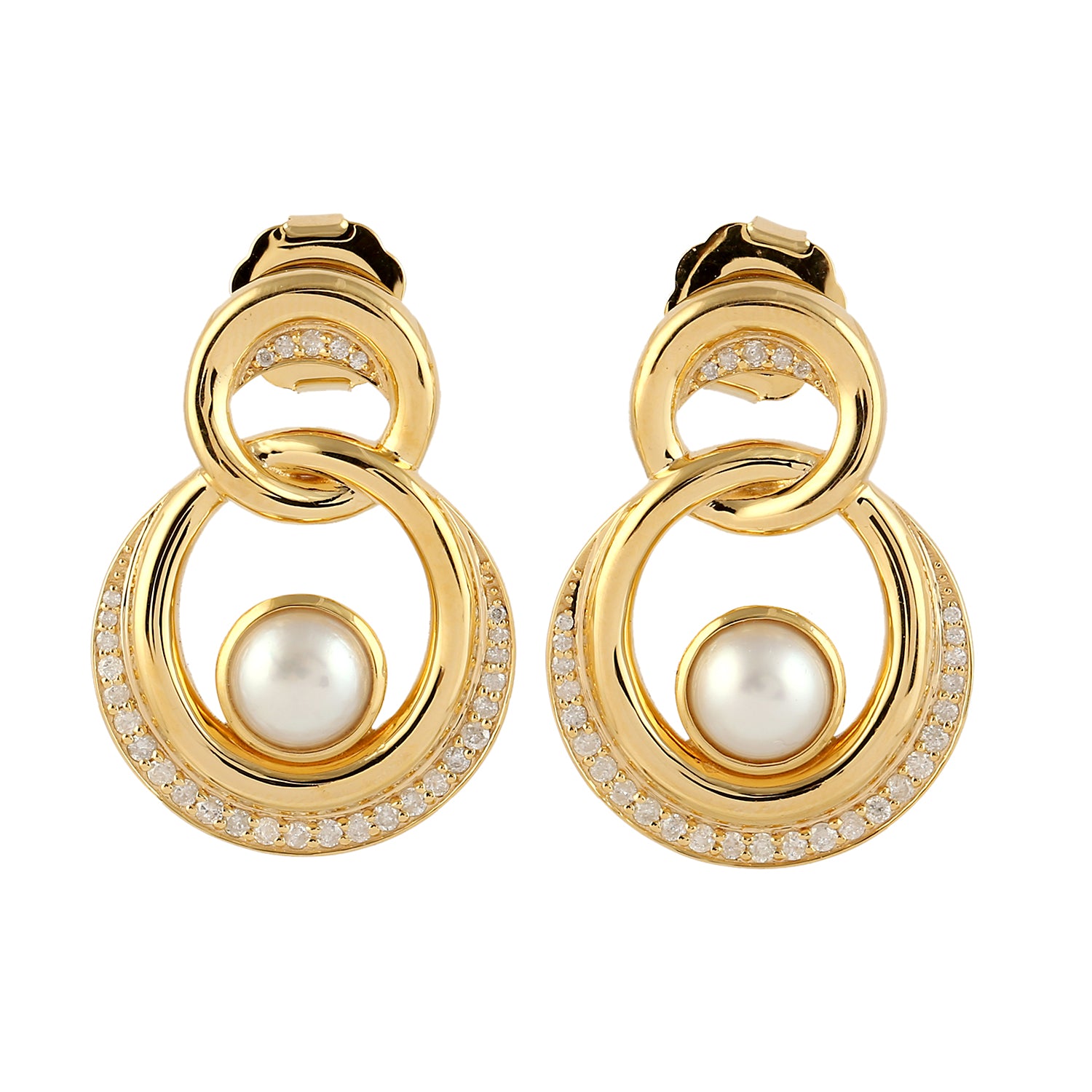 18K Yellow Gold Pave Diamond Bezel Set South Sea Pearl Interlocking Circle Earrings for Women - Luxury Bridal Jewelry, Anniversary Gift, Evening Party Wear