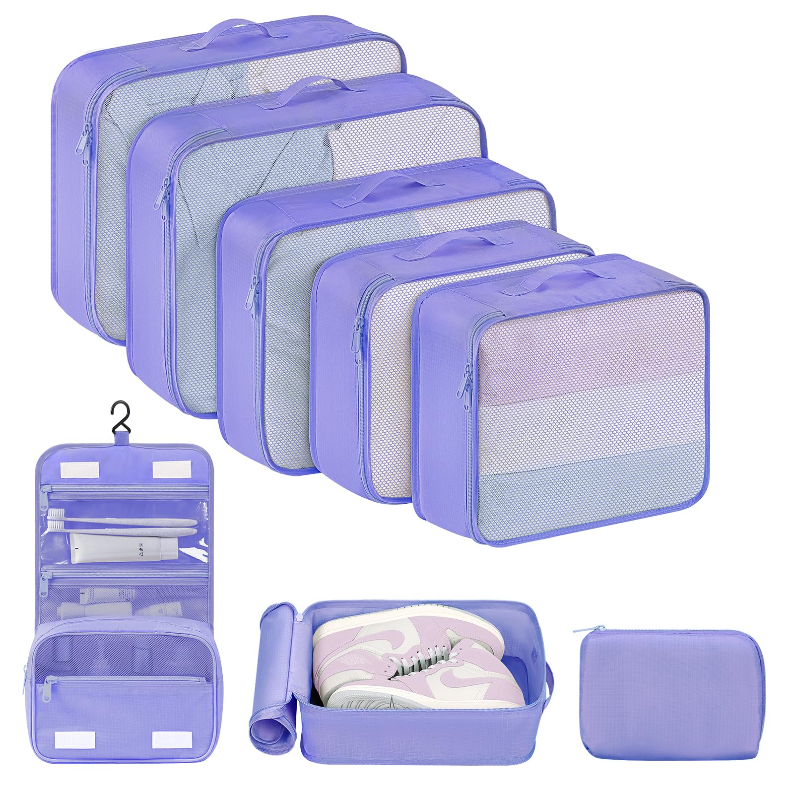 DIMJ 8-Piece Travel Packing Cubes Set - Lightweight Luggage Organizers with Large Toiletries Bag for Clothes, Shoes & Cosmetics | Perfect for Suitcase Organization, Business Trips & Vacation Packing (Purple)