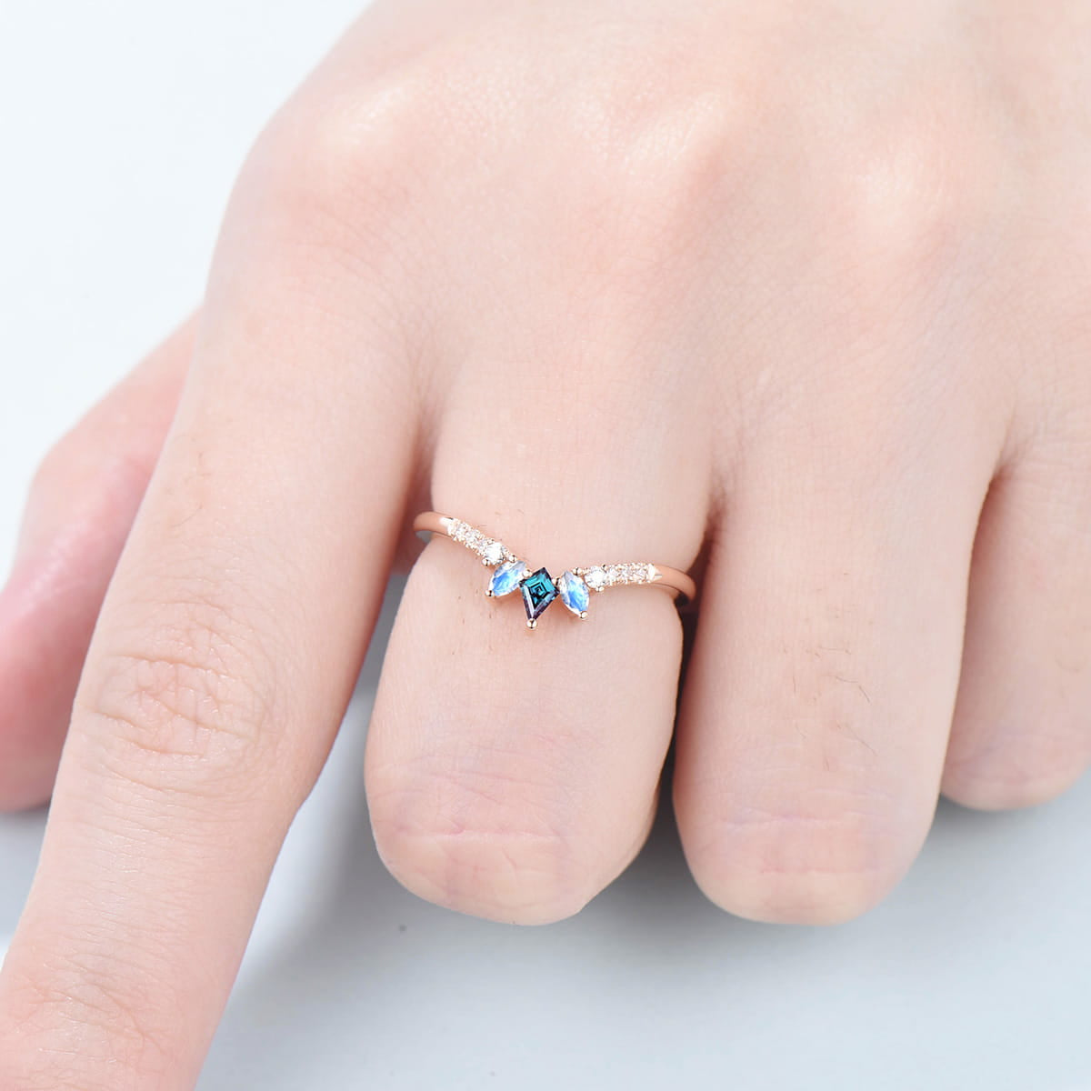 Art Deco Alexandrite & Moonstone Wedding Ring Set - Marquise Cut Eternity Band with Moissanite, Unique V-Shaped Stackable Ring for Women | Perfect for Bridal Jewelry, Anniversary Gifts & Special Occasions