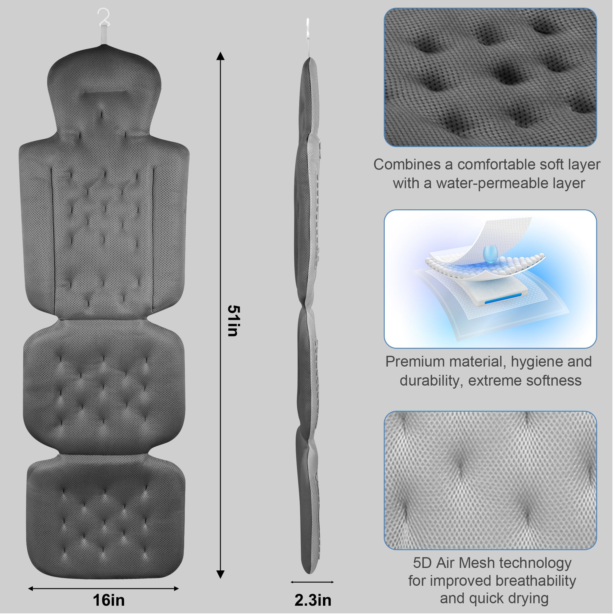 Luxury Full Body Bath Pillow with 192 Suction Cups - Head and Neck Support for Bathtub - Includes Laundry Bag (Deepsea Gray, 51