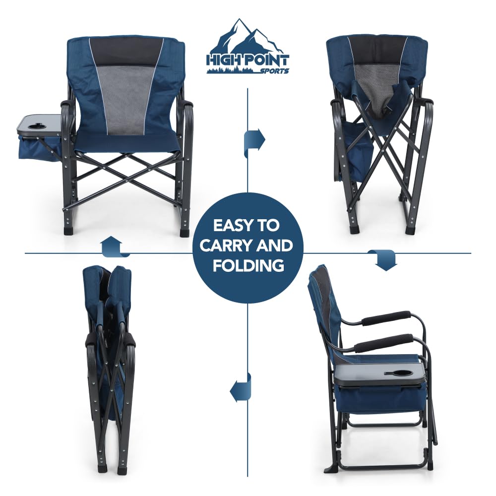 Heavy Duty Folding Camping Chair with Side Table - 350 lbs Capacity Portable Outdoor Director Chair for Adults, Navy - Perfect for Camping, Backyard, Beach & Picnic Use