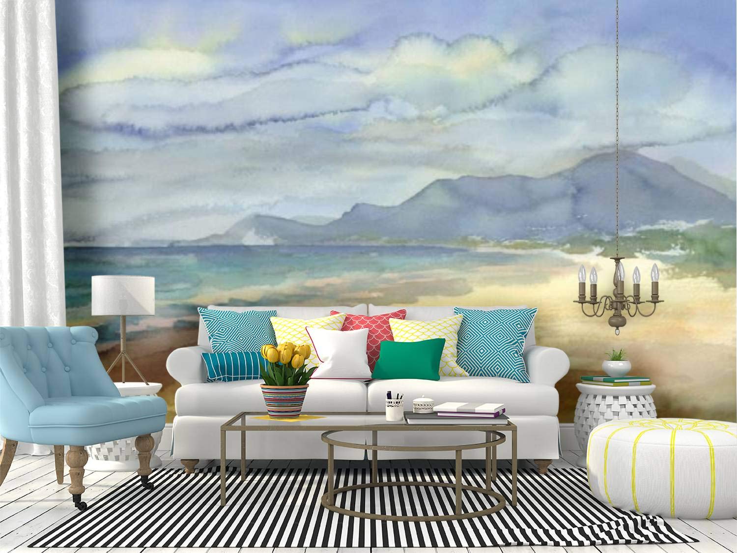 Watercolor Seaside Mountain Landscape Peel and Stick Wallpaper - Self-Adhesive Removable Vinyl Wall Mural for Home Decor | Perfect for Bedroom, Living Room & Nursery Accent Walls