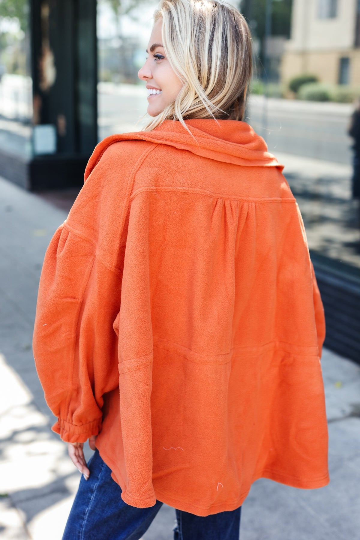 Stylish Rust Cinched Waist Zip-Up Fleece Jacket for Women | Cozy Winter Outerwear | Perfect for Hiking, Camping & Casual Outfits