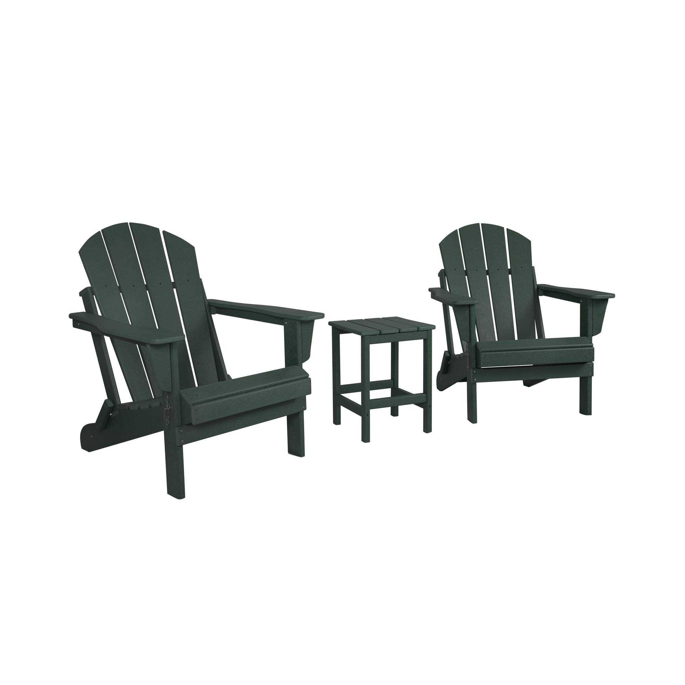 WO Home Furniture 3-Piece Adirondack Chair Set with Side Table - Outdoor Folding Chairs & End Table, Weather & UV Resistant - Perfect for Lawn, Garden, Bonfire, Balcony, Patio & Backyard Relaxation (Dark Green)