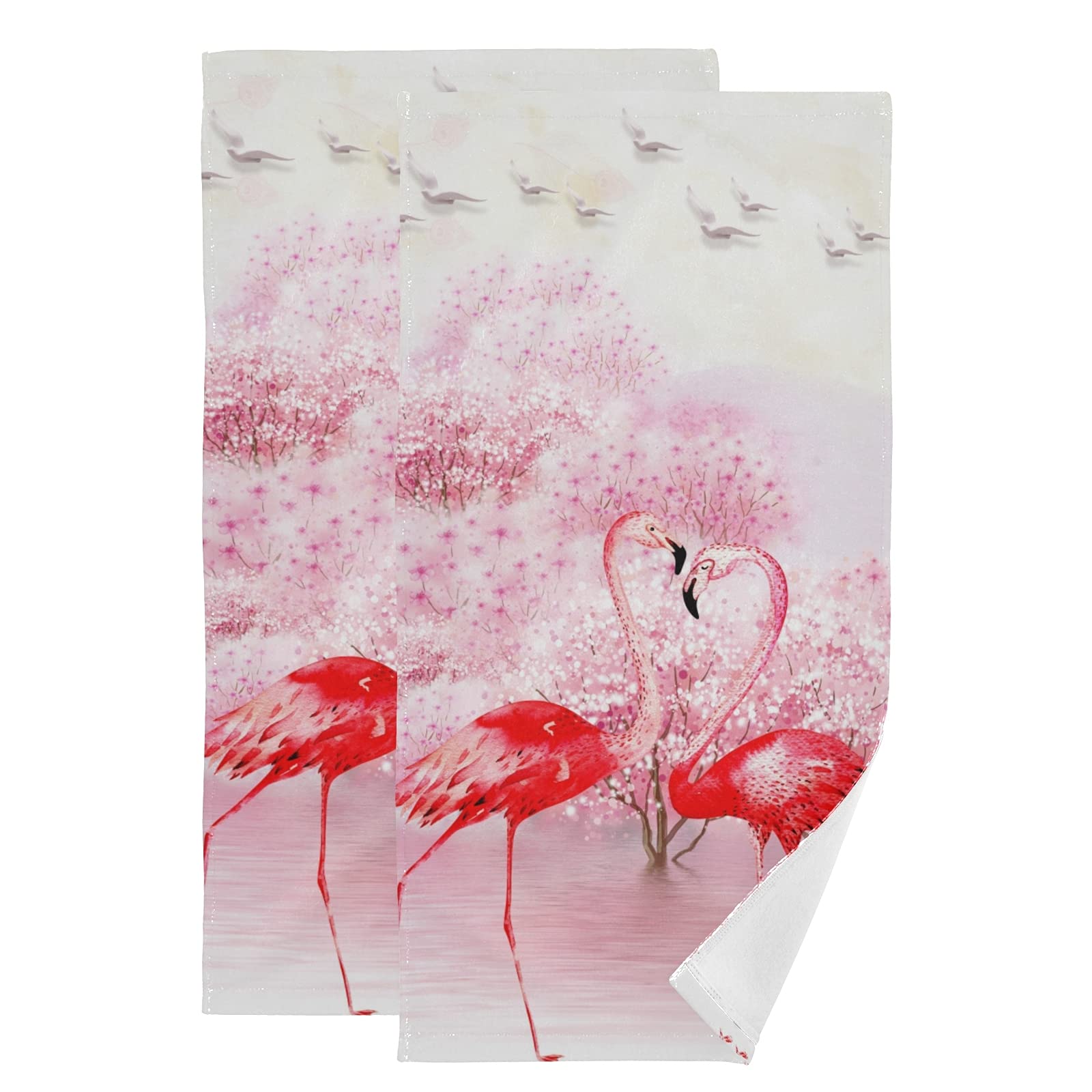 Pink Cherry Blossom Flamingo Printed Cotton Hand Towels Set of 2 - Super Absorbent Bath Face Towels for Bathroom, Gym, Spa, Yoga - 28x14 Inches - Perfect for Home Decor, Guest Towels & Hotel Use