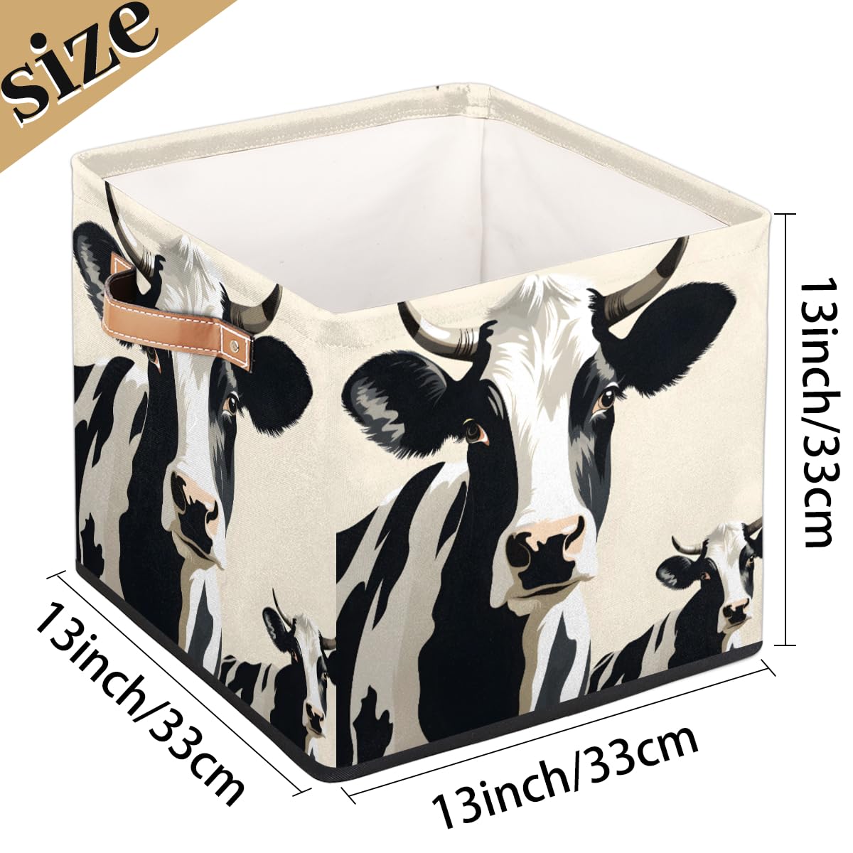 13 Inch Cute Cow Fabric Storage Bins with Leather Handles - Foldable Closet Organizer Baskets for Bedroom, Living Room & Shelves | Perfect for Kids' Room, Nursery, and Home Organization