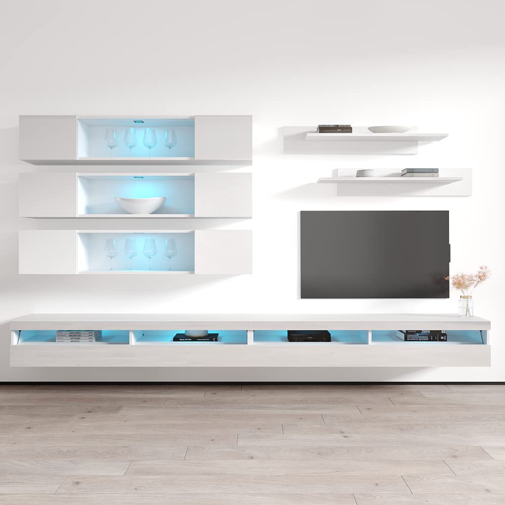 Modern White Wall-Mounted TV Stand with Storage Shelves & LED Lights - Floating Entertainment Center Console for Living Room & Bedroom - Space-Saving Furniture for Small Apartments & Home Theater Setup - Meble Fly J3 35TV Stand