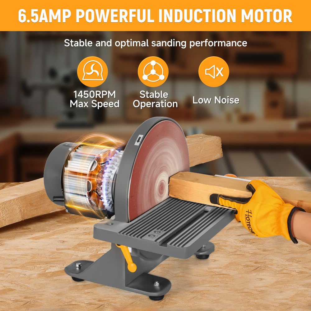 Hoteche 12-Inch Benchtop Disc Sander | 6.5-Amp Sanding Machine with Miter Gauge & Dust Collection System | Wood & Metal Sanding Tool for DIY Projects, Woodworking & Metalworking