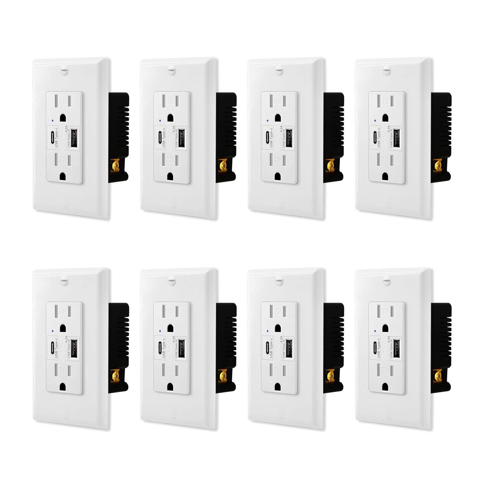 8-Pack High-Speed 4.2A USB Type C & A Dual Port Charger Outlet - 15A Tamper-Resistant Receptacle, White Duplex Wall Plate - Compatible with iPhone, Samsung & Smartphones - UL Listed - Perfect for Home, Office & Hotel Charging Stations