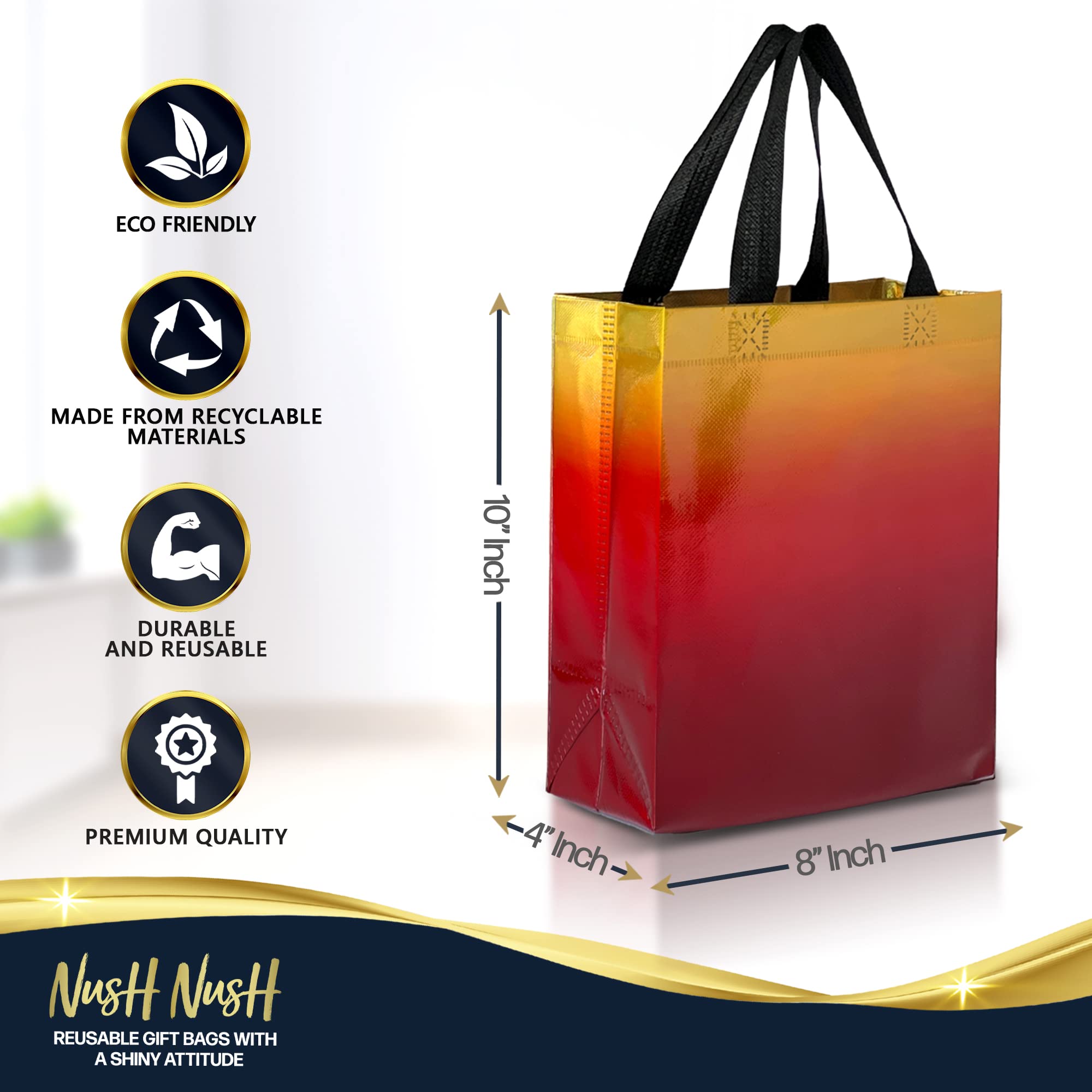 Nush Nush Set of 12 Reusable Gradient Gift Bags with Handles - 4 Elegant Designs for Birthdays, Parties & Goodie Bags (8x4x10 Inches) - Perfect for Christmas, Baby Showers & Wedding Favors
