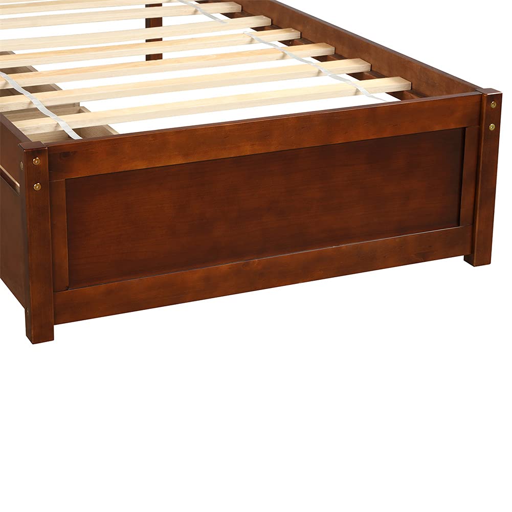Twin Size Wood Platform Bed with Storage Drawers & Headboard - Easy Assembly Walnut Finish for Small Spaces & Guest Rooms