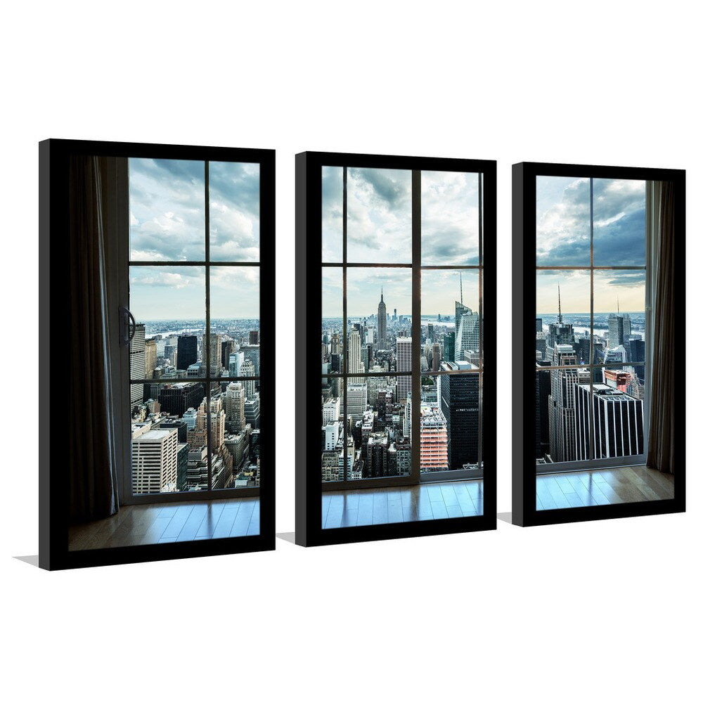 New York Skyline Framed Plexiglass Wall Art Set of 3 - Modern Cityscape Decor for Living Room, Office & Bedroom