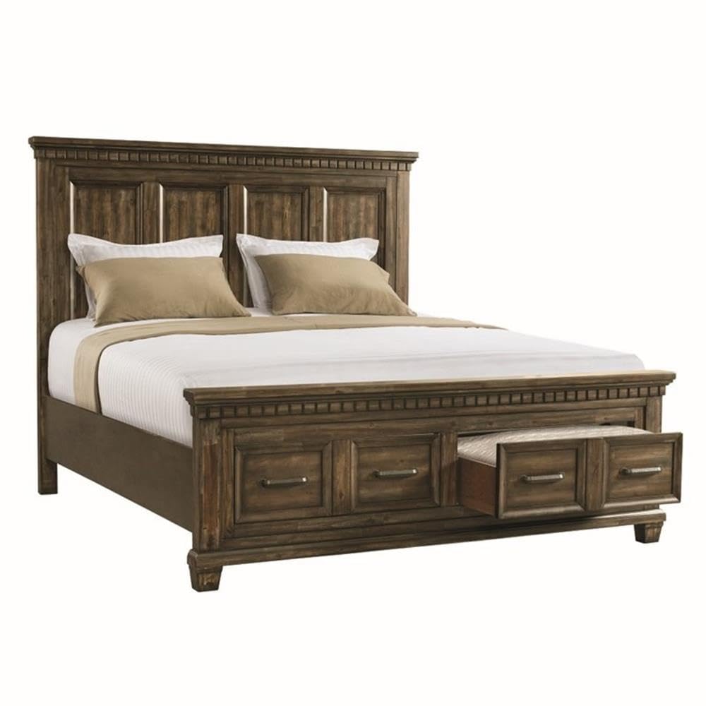 Picket House Furnishings Johnny King Walnut Storage Panel Bed - Queen Size Platform Bed Frame with Underbed Storage Drawers for Small Space Bedroom