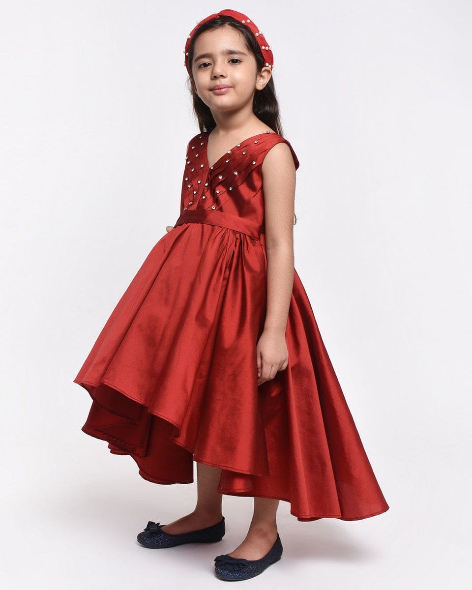 Elegant Maroon Pleated Asymmetric Dress for Women - Stylish Party, Cocktail & Evening Wear