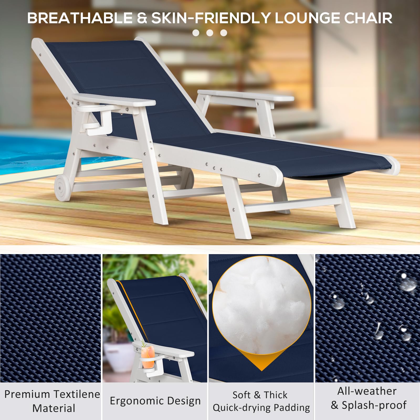 2-Pack Adjustable Outdoor Chaise Lounge Chairs with Wheels & Cup Holder - 5-Position Patio Poolside Chairs, HDPE Textilene Surface - Dark Blue & White - Perfect for Backyard, Garden, Beach & Pool Relaxation
