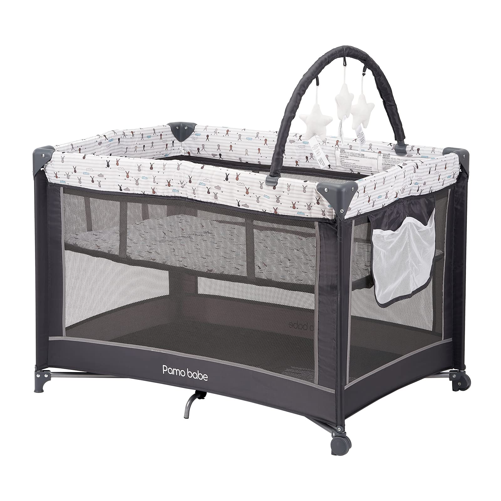 Pamo Babe Portable Baby Playpen - Lightweight Travel Playard with Mattress & Wheels for Indoor/Outdoor Use | Rabbit Design | Safe Play Area for Toddlers & Infants