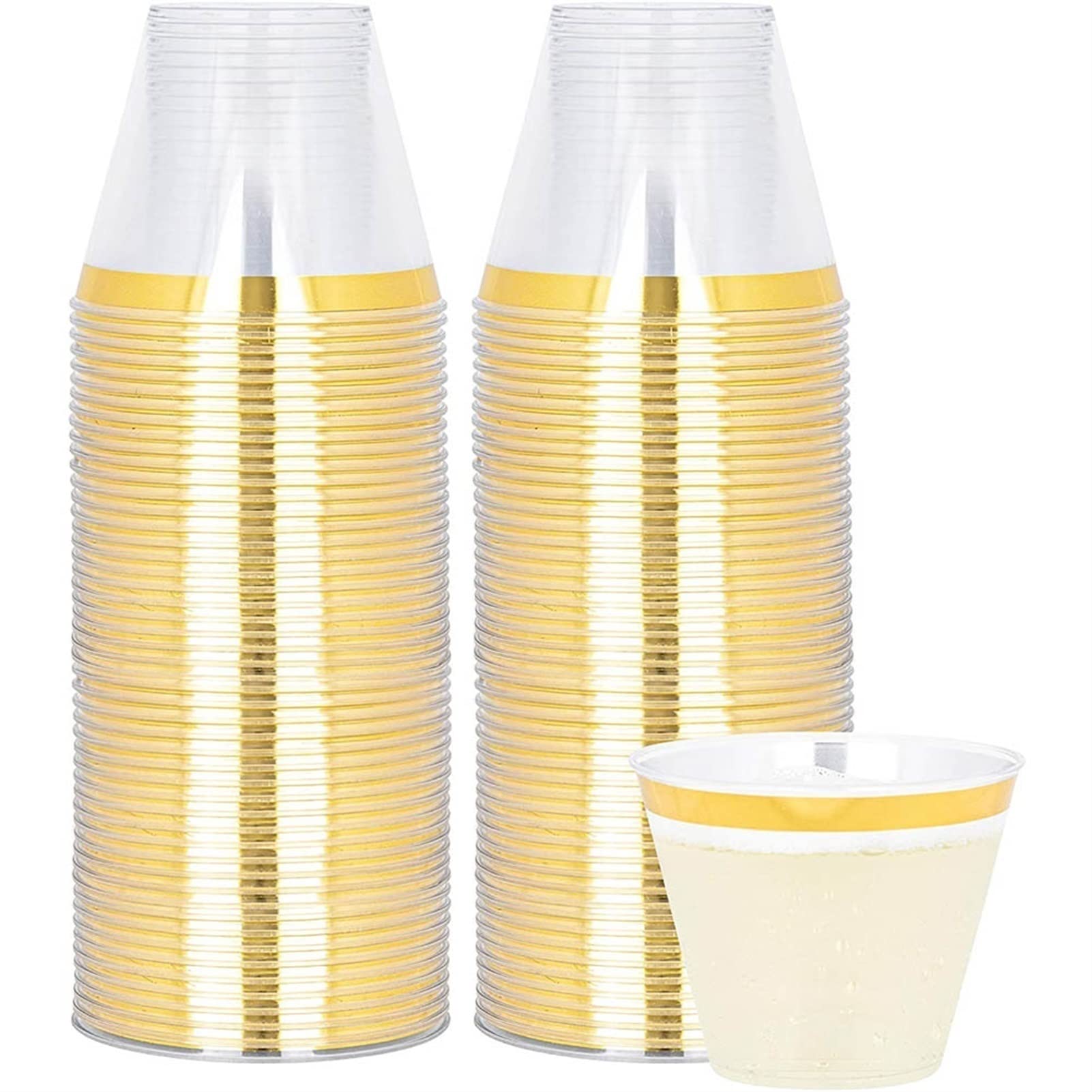 100pcs Disposable 9 oz Plastic Cups - Clear Rose Gold Rim Tumblers for Tea, Juice, Cocktail, Ice Cream & Desserts | Elegant Party, Wedding, Baby Shower & Catering Supplies