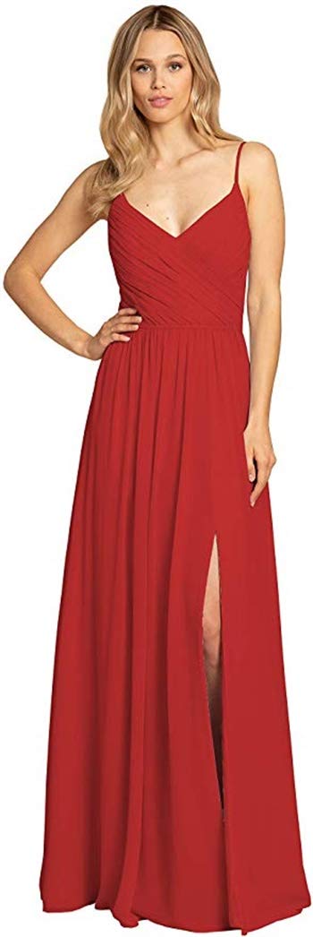 Ubride Women's Elegant Slit Chiffon Dress with Spaghetti Straps - Long Formal Prom Evening Gown for Weddings, Parties & Special Occasions