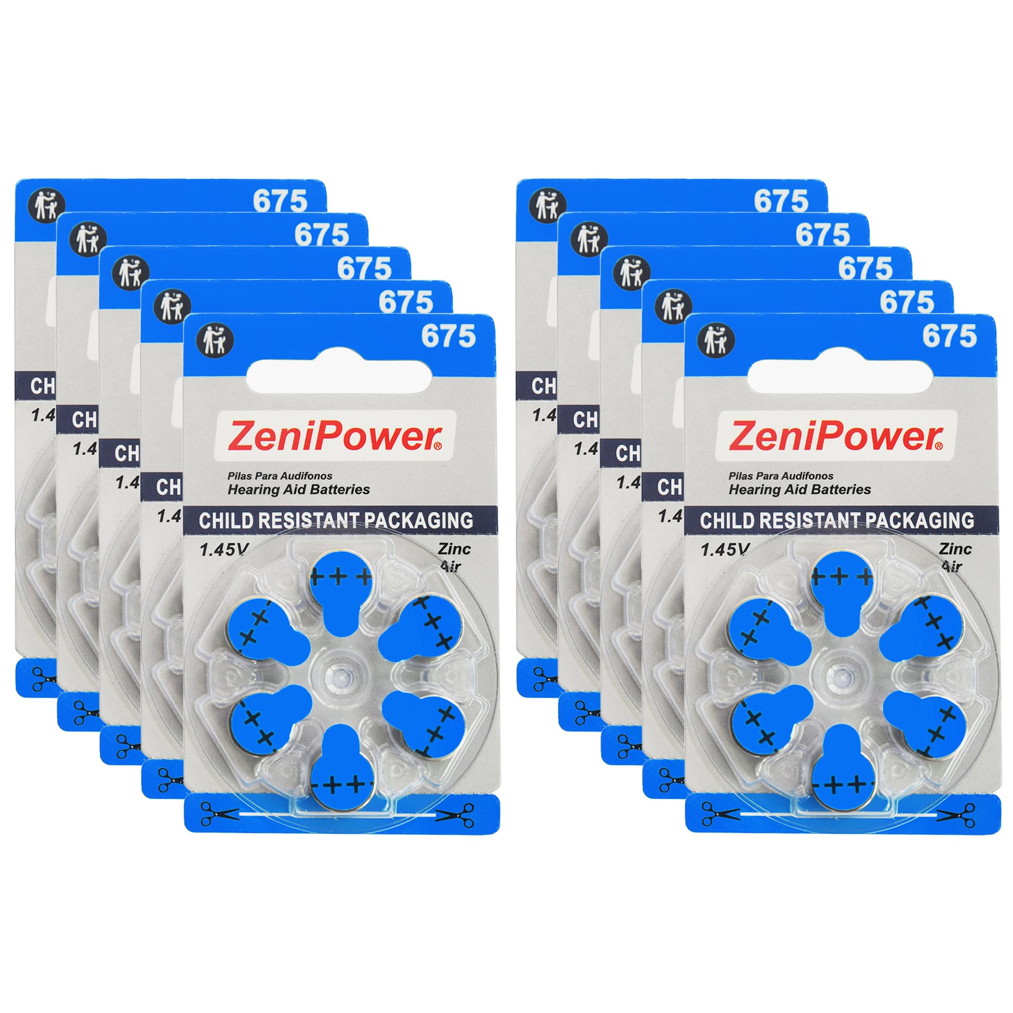 Size 675 Mercury-Free 1.45V Zinc Air Hearing Aid Batteries (60 Pack) - Long-Lasting Power for Hearing Aids, Perfect for Daily Use & Travel