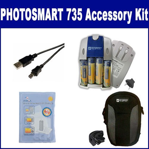 Synergy Digital Camera Accessory Kit for HP PhotoSmart 735 - Includes SDC-22 Case, ZELCKSG Cleaning Kit, USB 5-Pin Cable & SB257 Charger - Perfect for Travel, Photography & Camera Maintenance