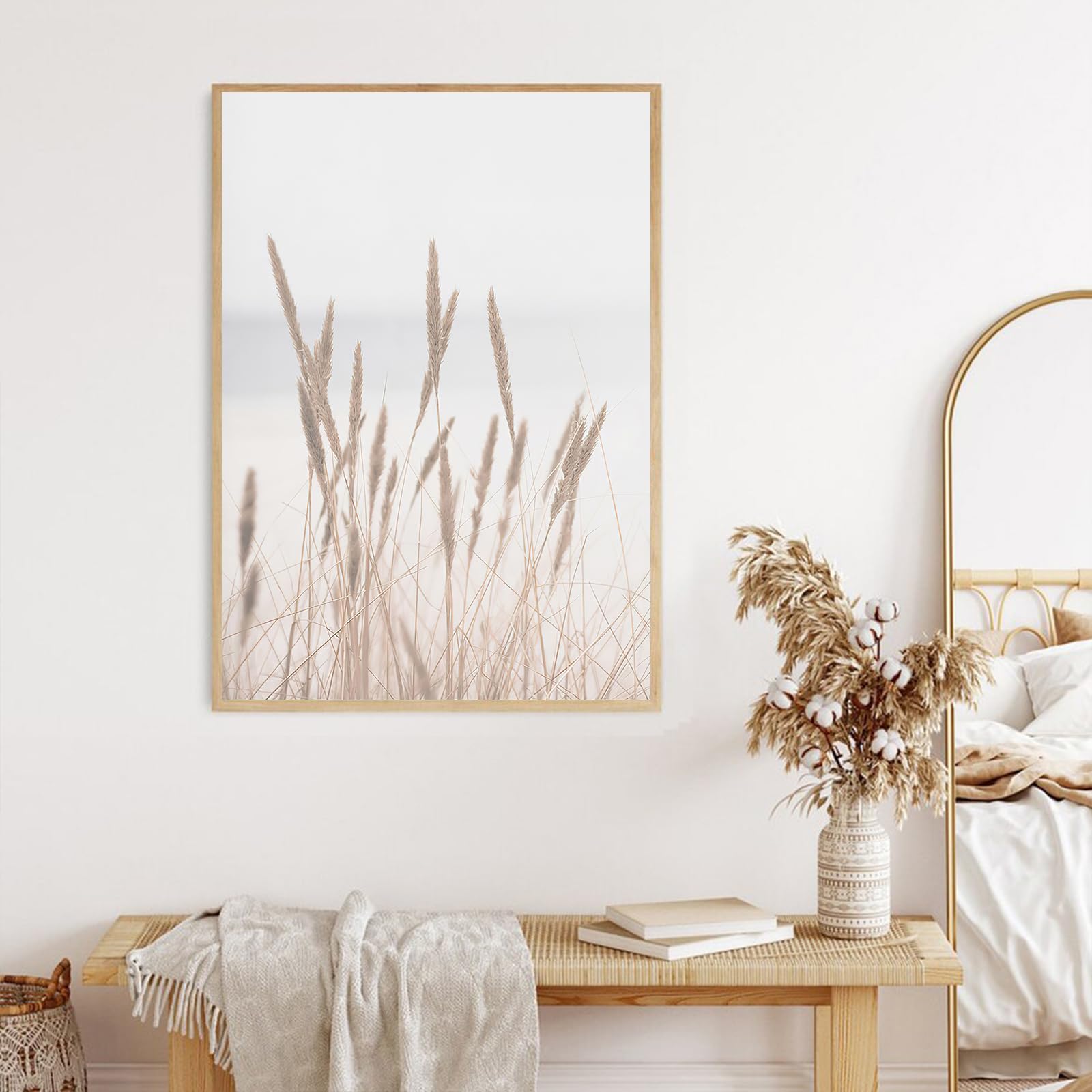 Boho Pampas Grass Canvas Wall Art - Beige Minimalist Dried Pampas Grass Beach Painting - Coastal Home Decor for Living Room, Bedroom & Office - Unframed Modern Wall Decor