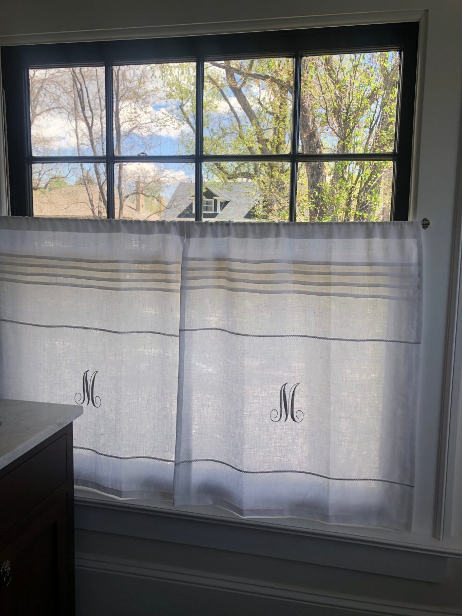 Appleton White Linen Cafe Curtain with Embroidered Monogram - Elegant Kitchen Window Treatment for Farmhouse & Cottage Style Homes
