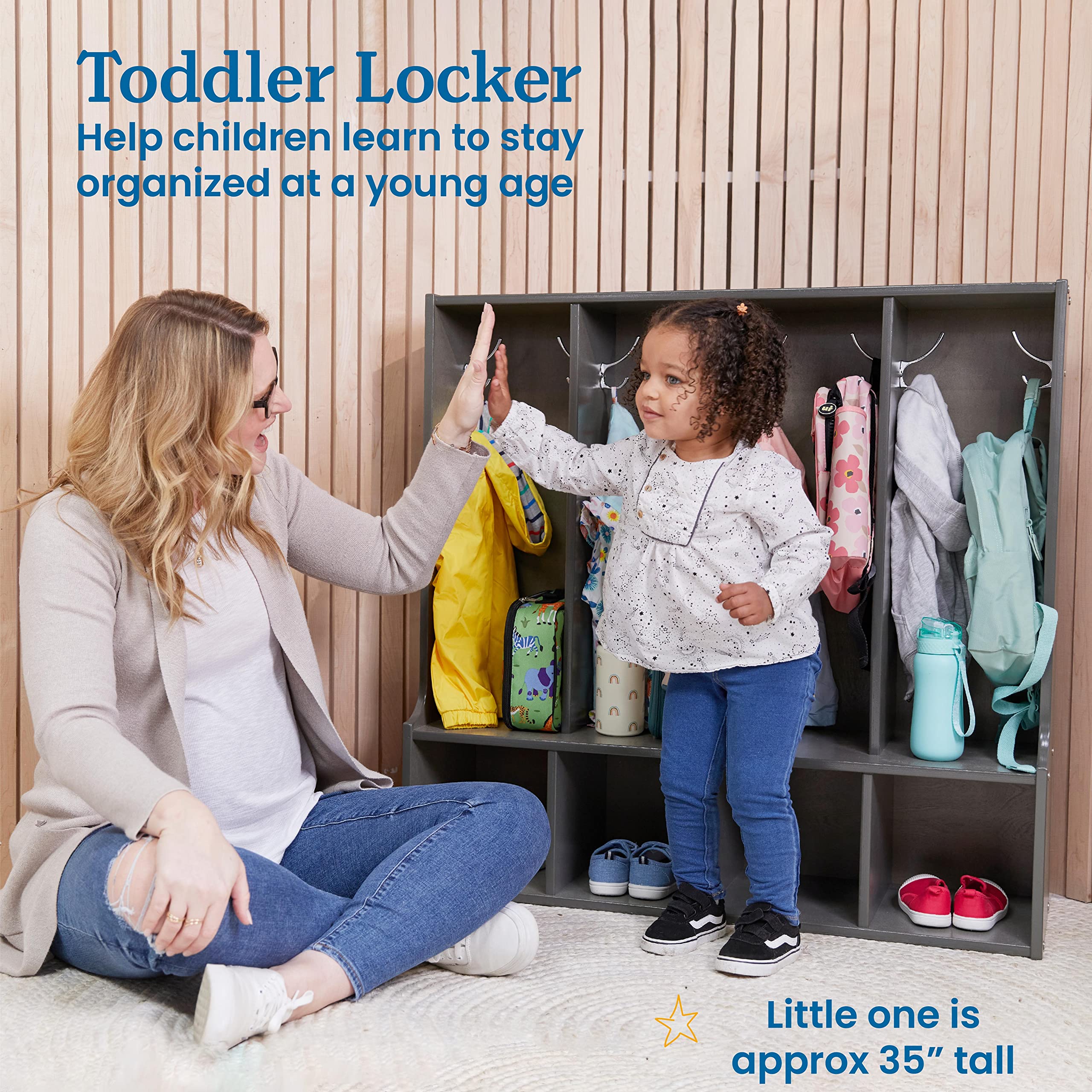 ECR4Kids Streamline 4-Section Coat Locker with Bench - Toddler Size Kids Furniture in Grey Wash - Perfect for Preschools, Daycares & Home Entryway Organization