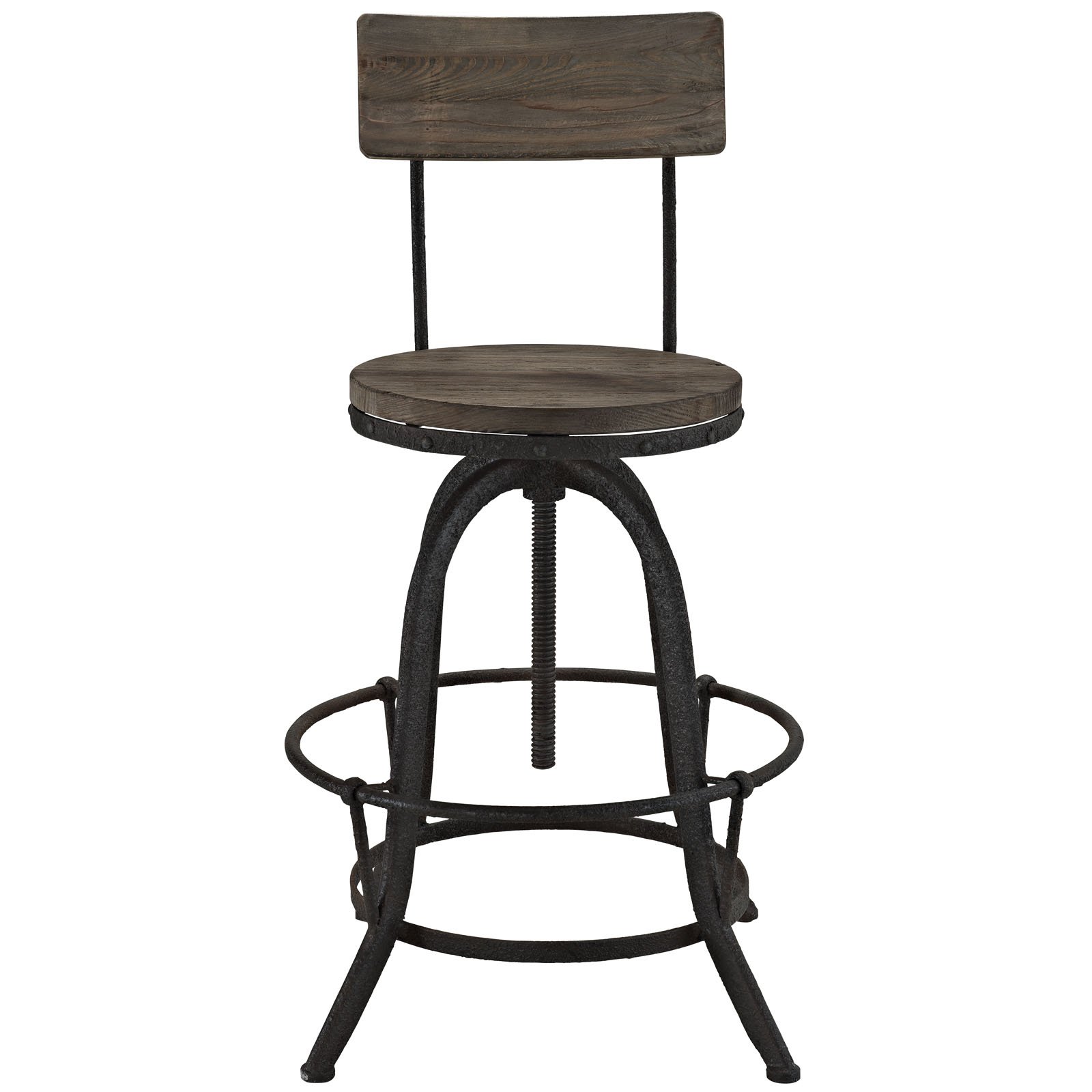Modway Procure Rustic Farmhouse Adjustable Height Bar Stools - Solid Pine Wood & Cast Iron Construction, Brown - Perfect for Kitchen Islands, Breakfast Nooks & Home Bars