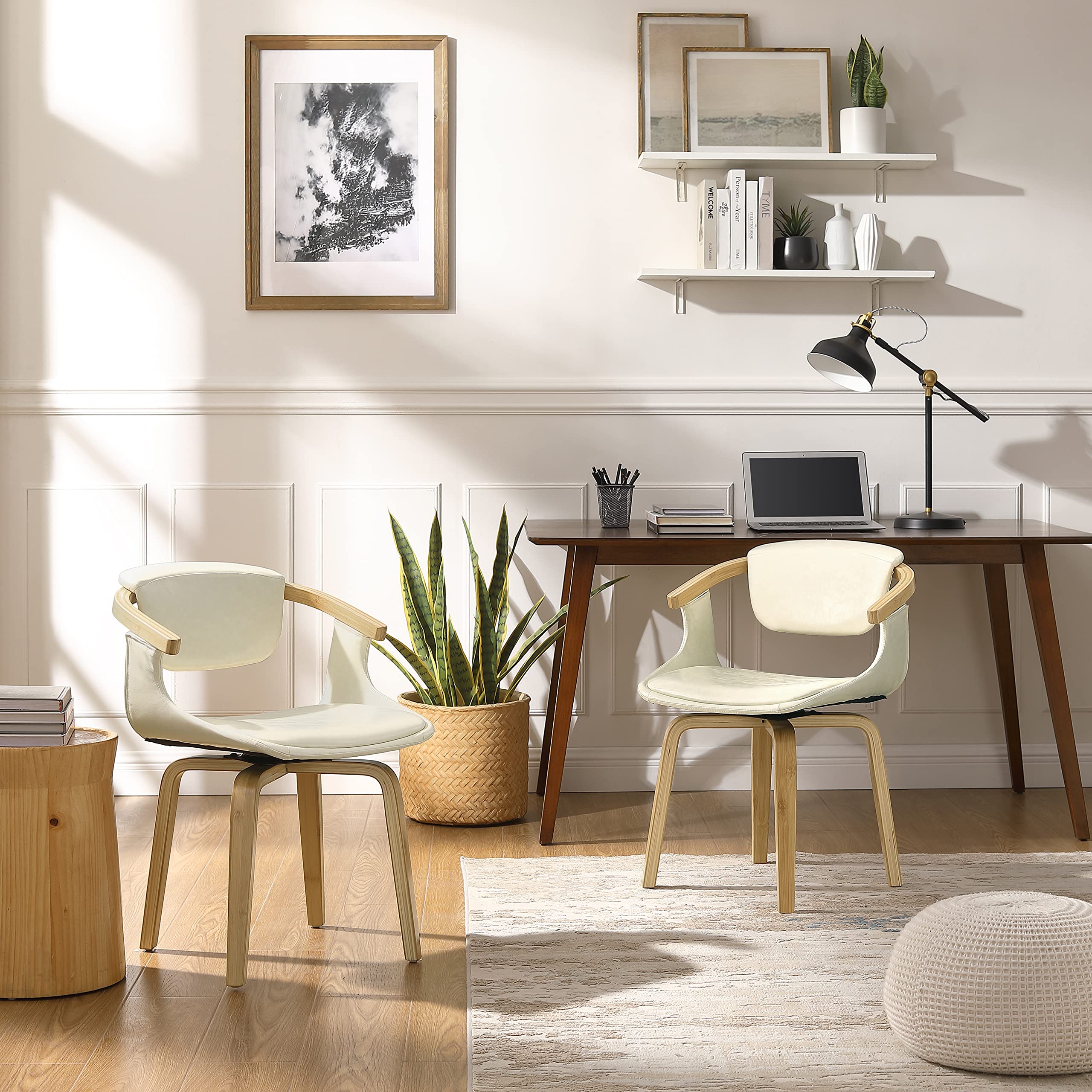 Art Leon Mid Century Modern Swivel Accent Chair - Faux Leather Office Desk Chair Without Wheels for Small Spaces, Living Room & Bedroom - Off White | Perfect for Home Office, Study & Reading Nook