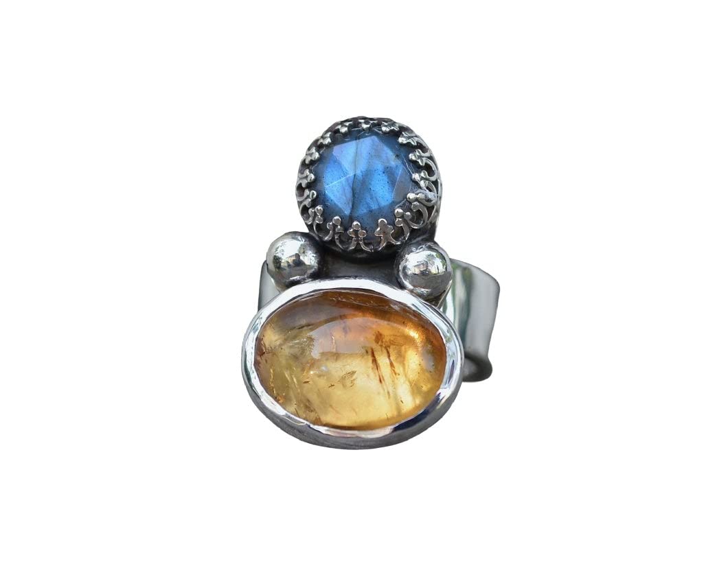 Labradorite & Citrine Gemstone Ring .925 Sterling Silver Size 6 - Elegant Bohemian Jewelry for Women, Perfect for Everyday Wear, Gift Giving & Special Occasions