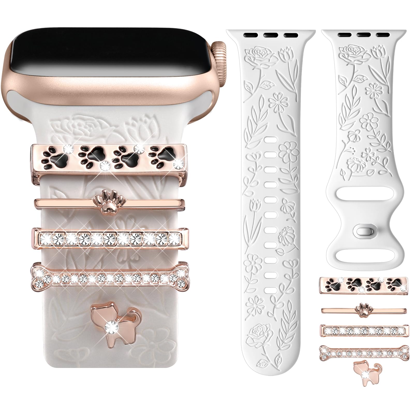 DaQin Floral Engraved Apple Watch Band - Soft Silicone Strap with Charms for Women - Compatible with iWatch Series 9/8/7/6/5/4/3/2/1/SE (38mm/40mm/41mm/42mm/44mm/45mm) - Perfect for Workouts, Office Wear & Fashion Accessories