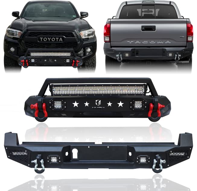 Heavy Duty Steel Front & Rear Off-Road Bumper for 2016-2023 Toyota Tacoma 3rd Gen - Winch Ready with LED Light Bar, Mud Guards & 4.75T D-Rings | Perfect for Rock Crawling, Overlanding & Extreme Off-Road Adventures