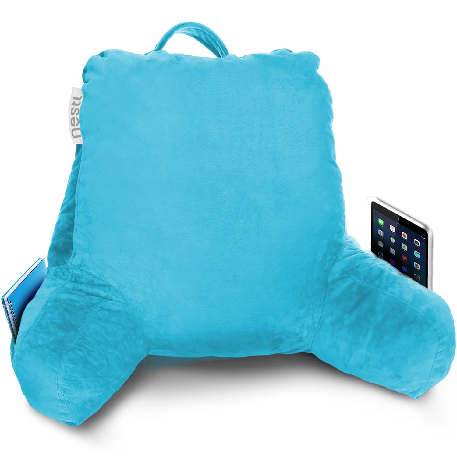 Nestl Reading Pillow with Shredded Memory Foam - Standard Size Back Support Pillow for Sitting in Bed, Reading, or Relaxing | Blue Bed Rest Pillow with Pockets | Perfect for Book Lovers, Nursing Mothers & Armchair Comfort