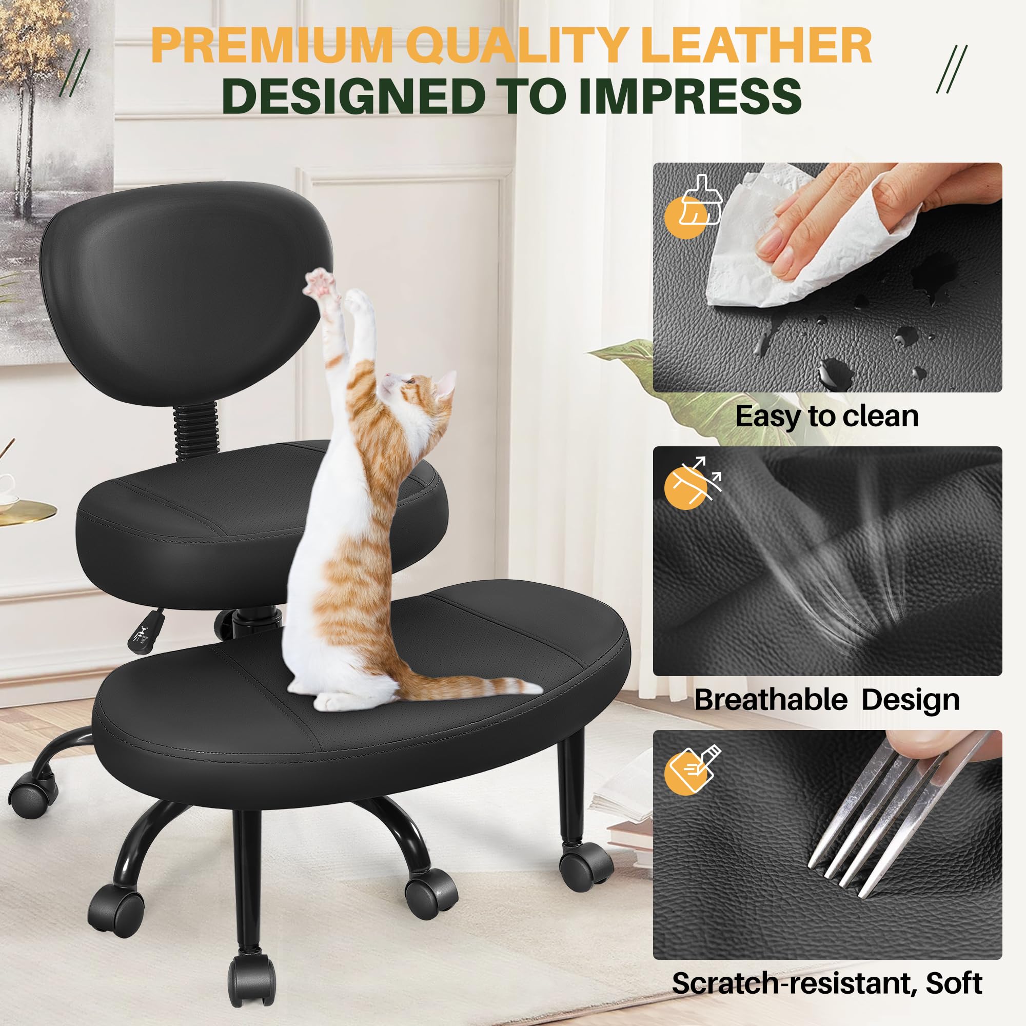 Primy Criss Cross Office Chair - Ergonomic Kneeling Chair for ADHD & Meditation - Adjustable Height with Wheels, Backrest & 360° Rotating Footrest - Perfect for Home Office, Yoga & Cross-Legged Sitting - Black