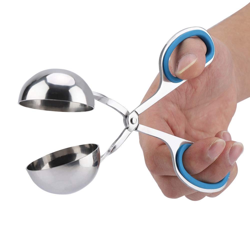 Non-Stick Stainless Steel Meatball Scoop & Ice Tongs - Rice Ball Maker, Cookie Scoop with Anti-Slip Rubber Handle (Blue) - Perfect for Cooking, Baking, and Ice Serving