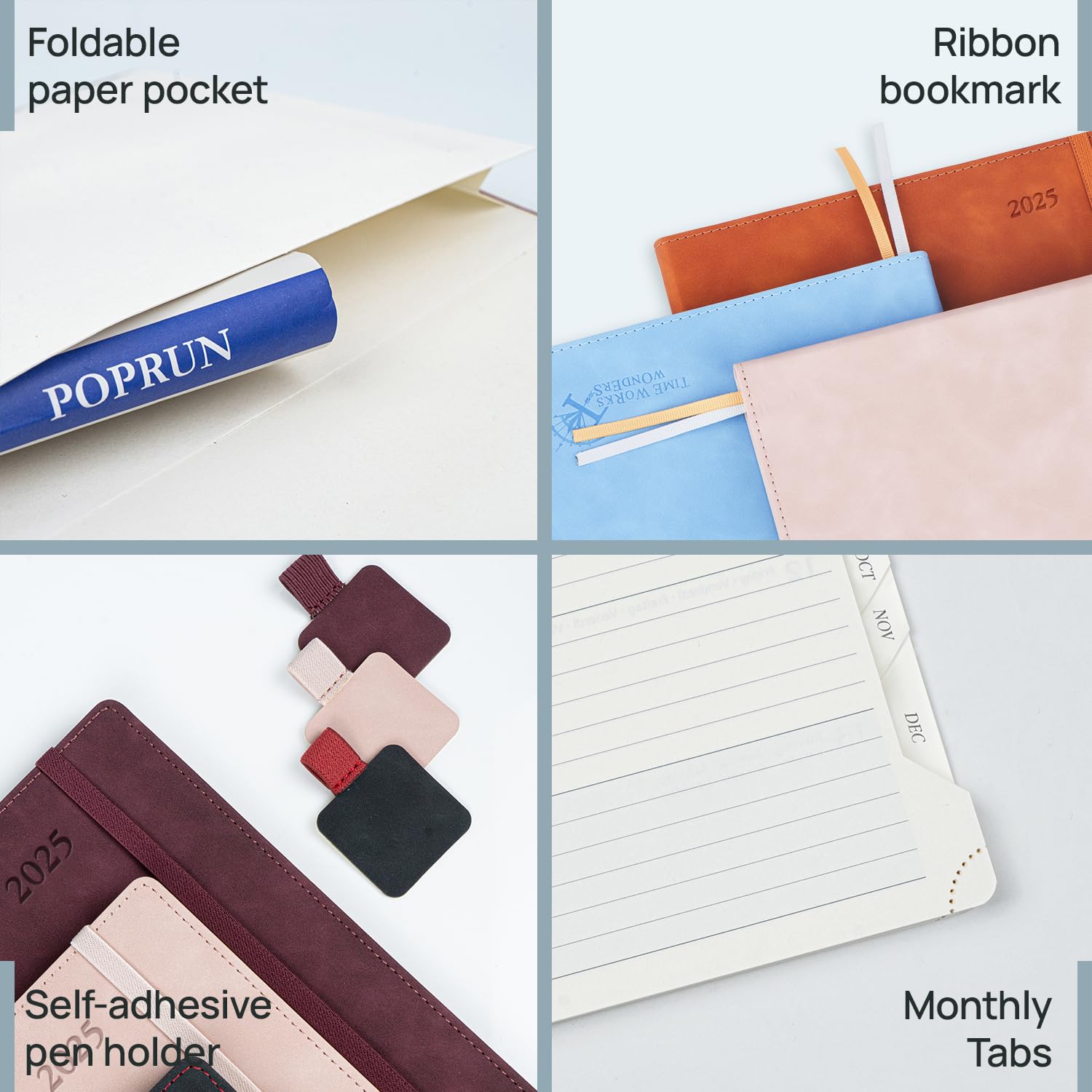 POPRUN 2025 Planner - 6.5'' x 8.5'' Weekly & Monthly Calendar Notebook with Leather Soft Cover | Time Management Organizer with Monthly Tabs, Inner Pocket & 100GSM Thick Paper (Cerulean Blue) | Perfect for Office, School, Business Planning & Personal Scheduling