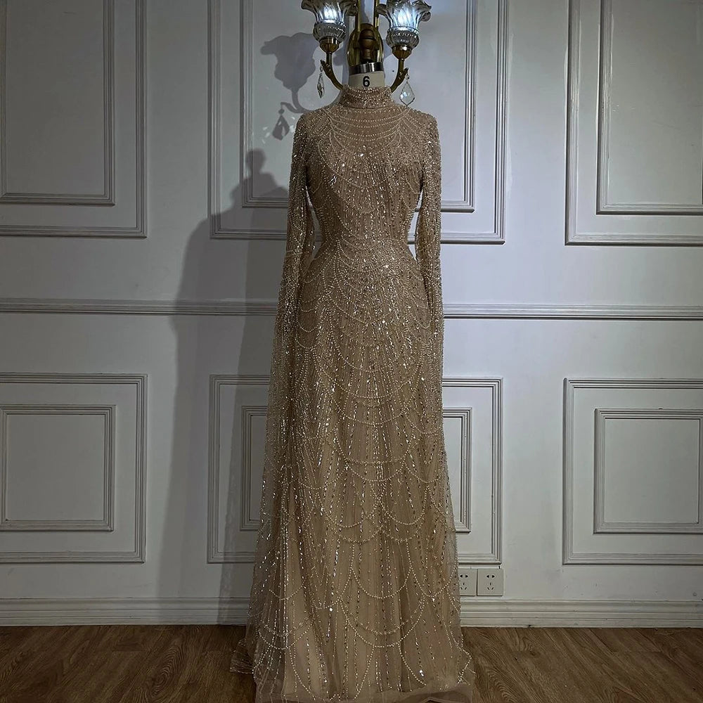 Luxury Dubai Muslim Sage Green Pearls Evening Dress with Cape - Plus Size LA72591 for Wedding, Party & Special Occasions