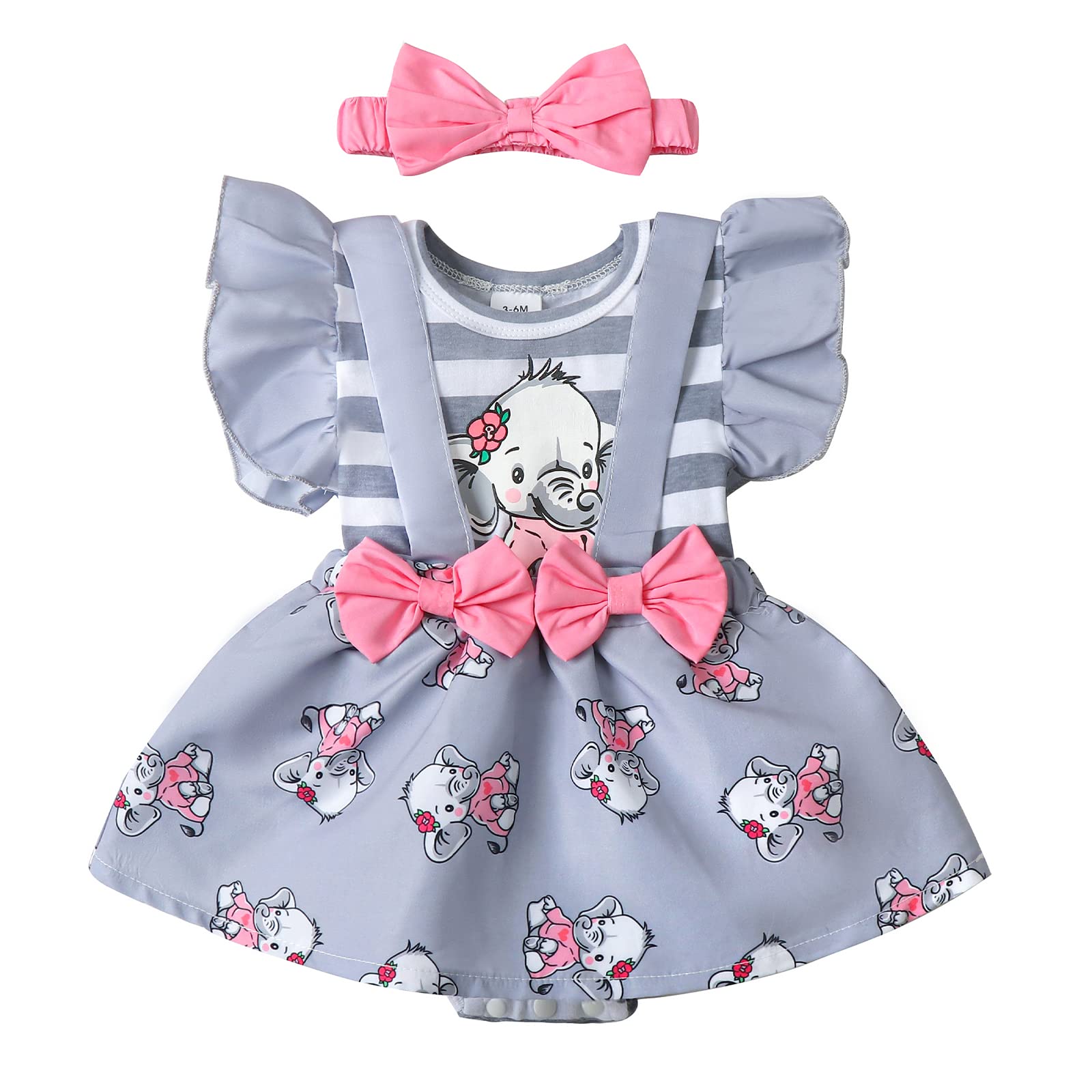 Adorable Newborn Baby Girl Romper Outfit - Elephant Print Suspender Dress with Ruffle Sleeves & Matching Headband | Cute Baby Clothes for Girls 0-24 Months | Perfect for Photoshoots, Birthday Parties & Special Occasions