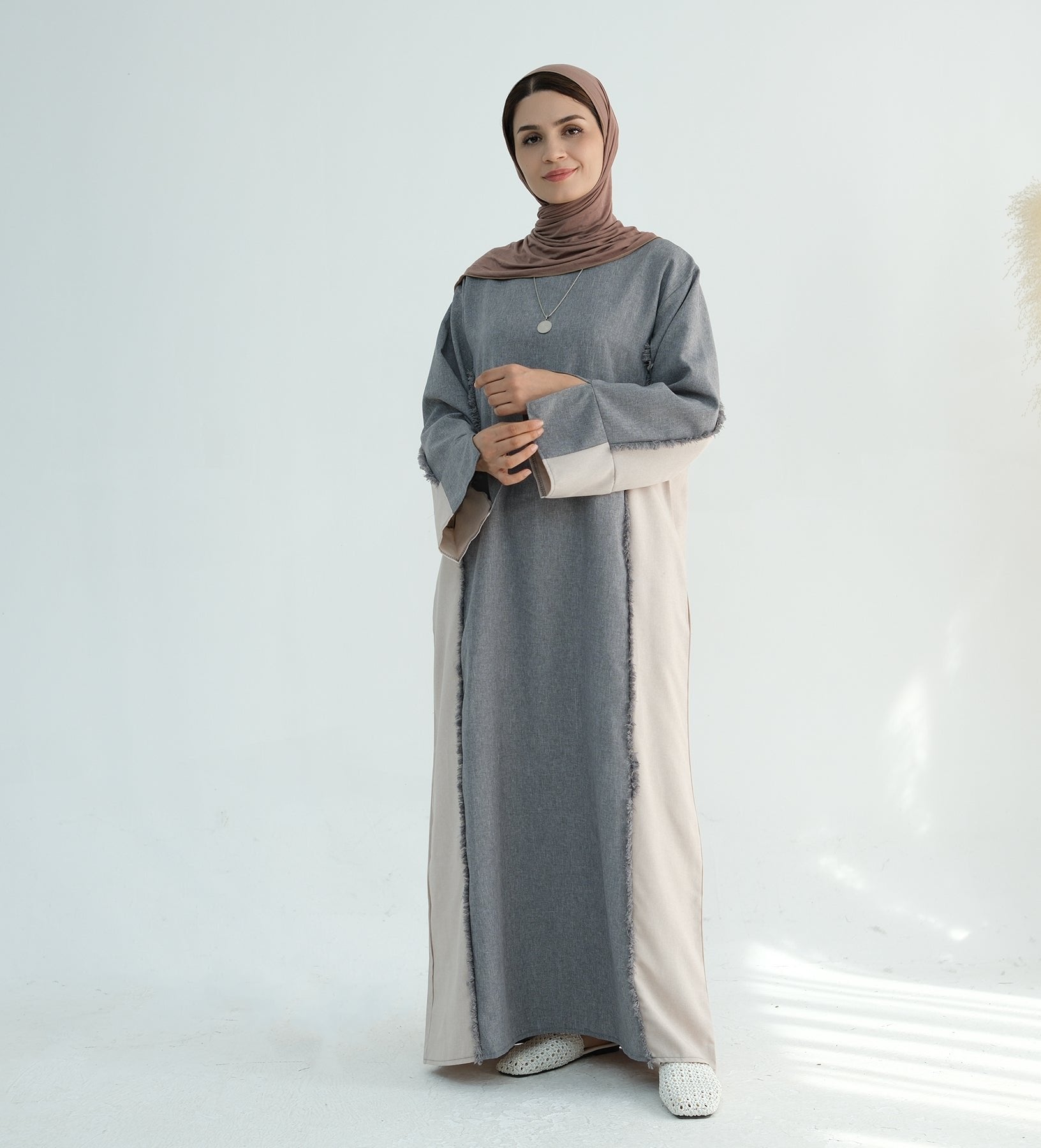 Blair Fringe Abaya Dress - Elegant Gray Islamic Modest Dress for Women | Perfect for Prayer, Eid, and Special Occasions