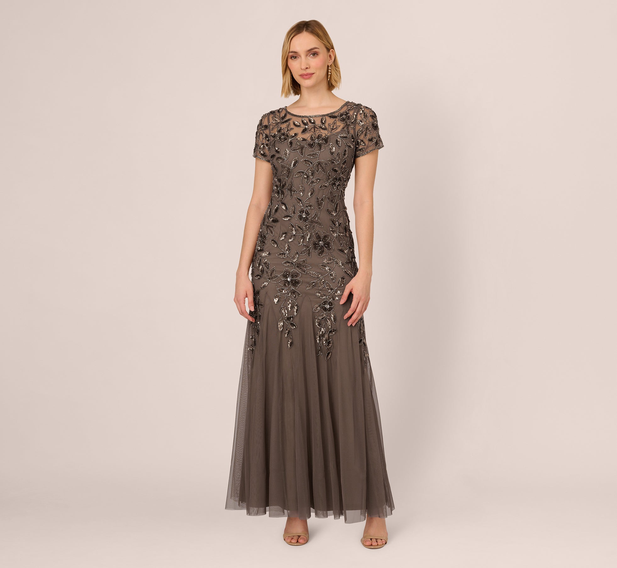 Hand Beaded Short Sleeve Floral Godet Gown - Elegant Beaded Embellished Dress for Women | Perfect for Weddings, Parties & Special Occasions
