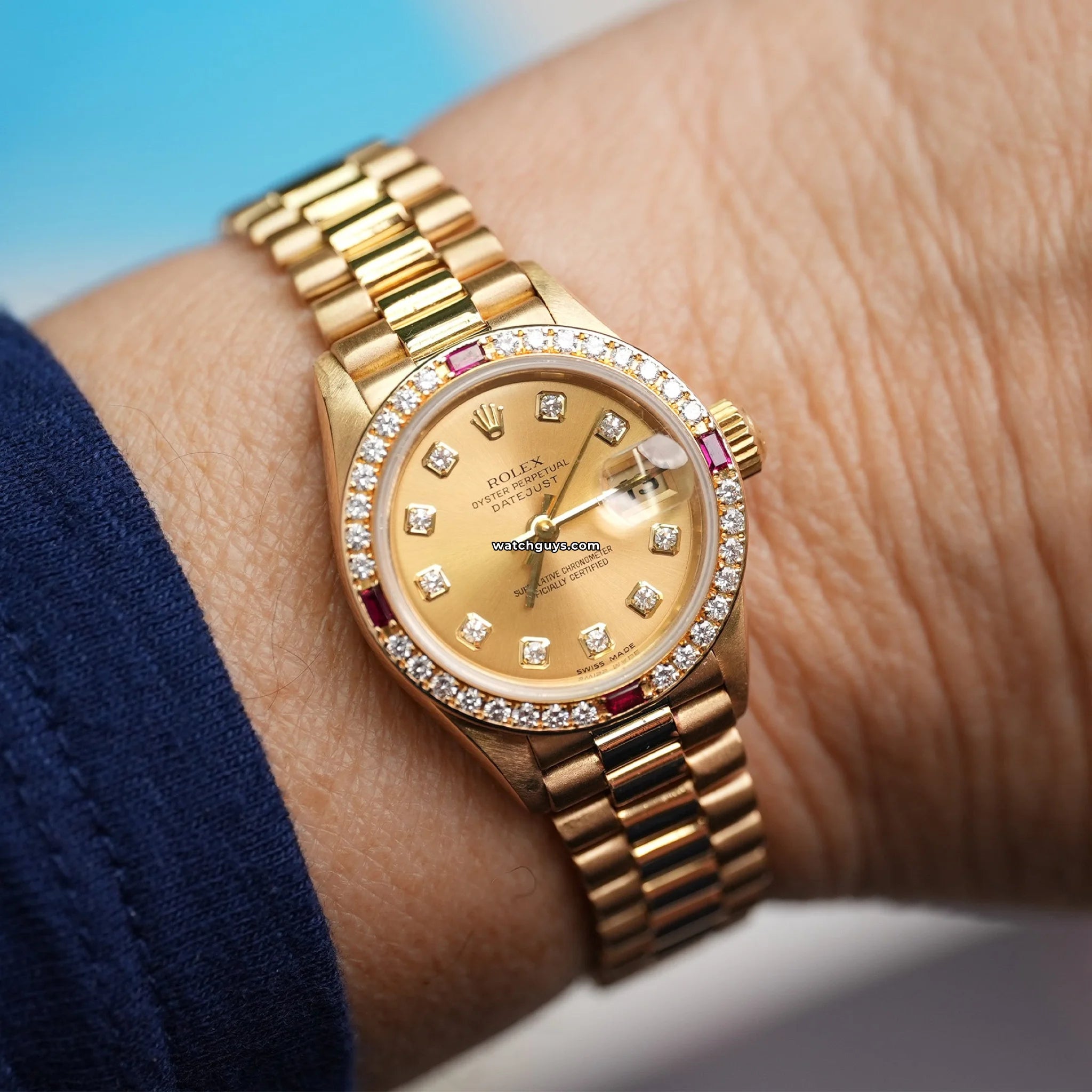 Luxury Rolex Datejust 69068 18K Gold Watch with Champagne Dial, Diamonds & Rubies - Perfect for Weddings, Anniversaries & Special Occasions