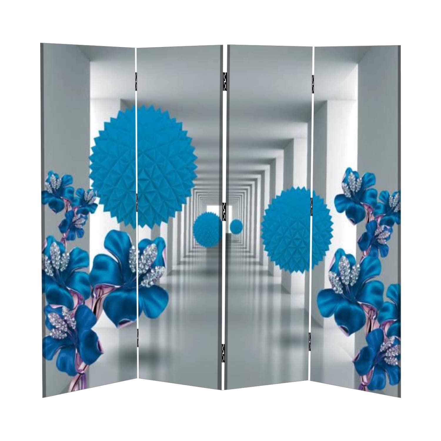 3D Mural Silver Tunnel Canvas Room Divider with Sphere & Flowers - Modern Gray Folding Privacy Screen - 4 Panel Temporary Wall Divider for Home Office, Bedroom & Studio Partition