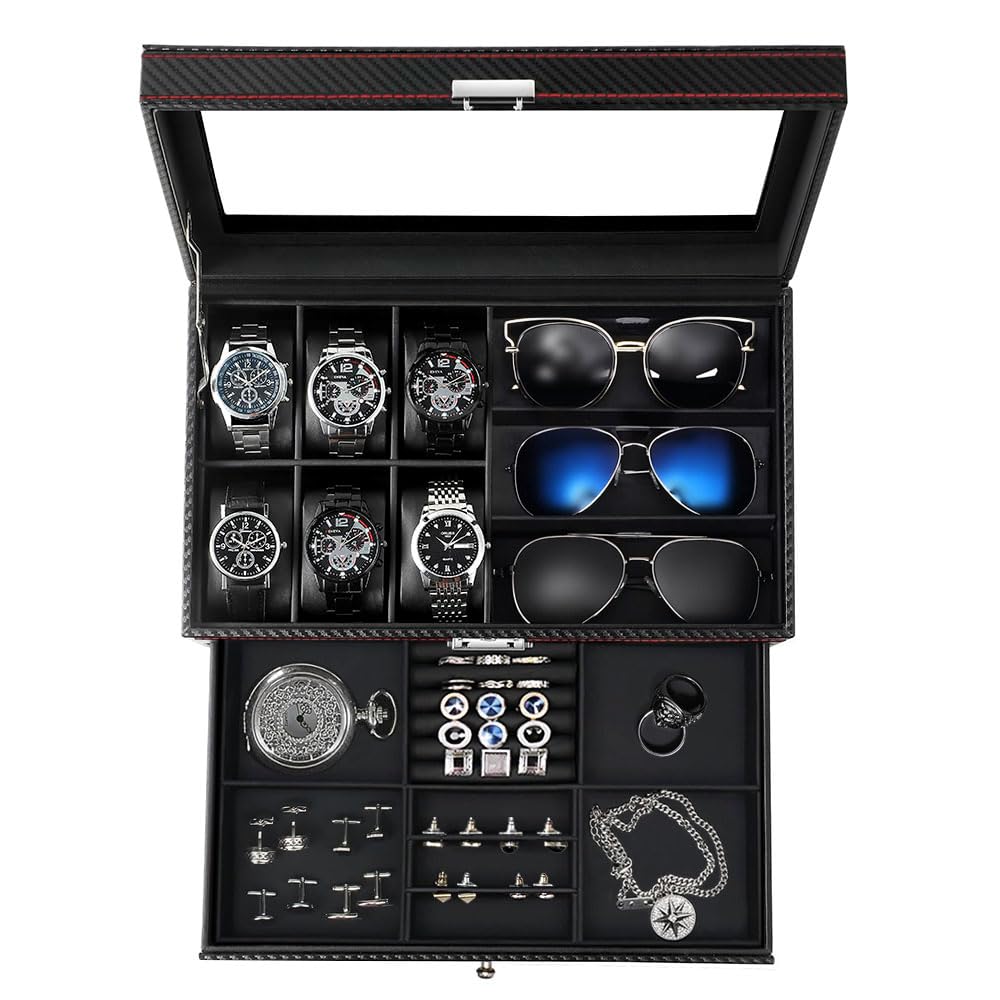 Premium 6-Slot Watch Jewelry Box Organizer with Glass Lid & 3 Sunglasses Storage - 2-Tier Men's Jewelry Display Case - Perfect Watch Holder for Men's Accessories & Birthday Gifts (Black) - Ideal for Travel, Home Decor & Watch Collection Organization