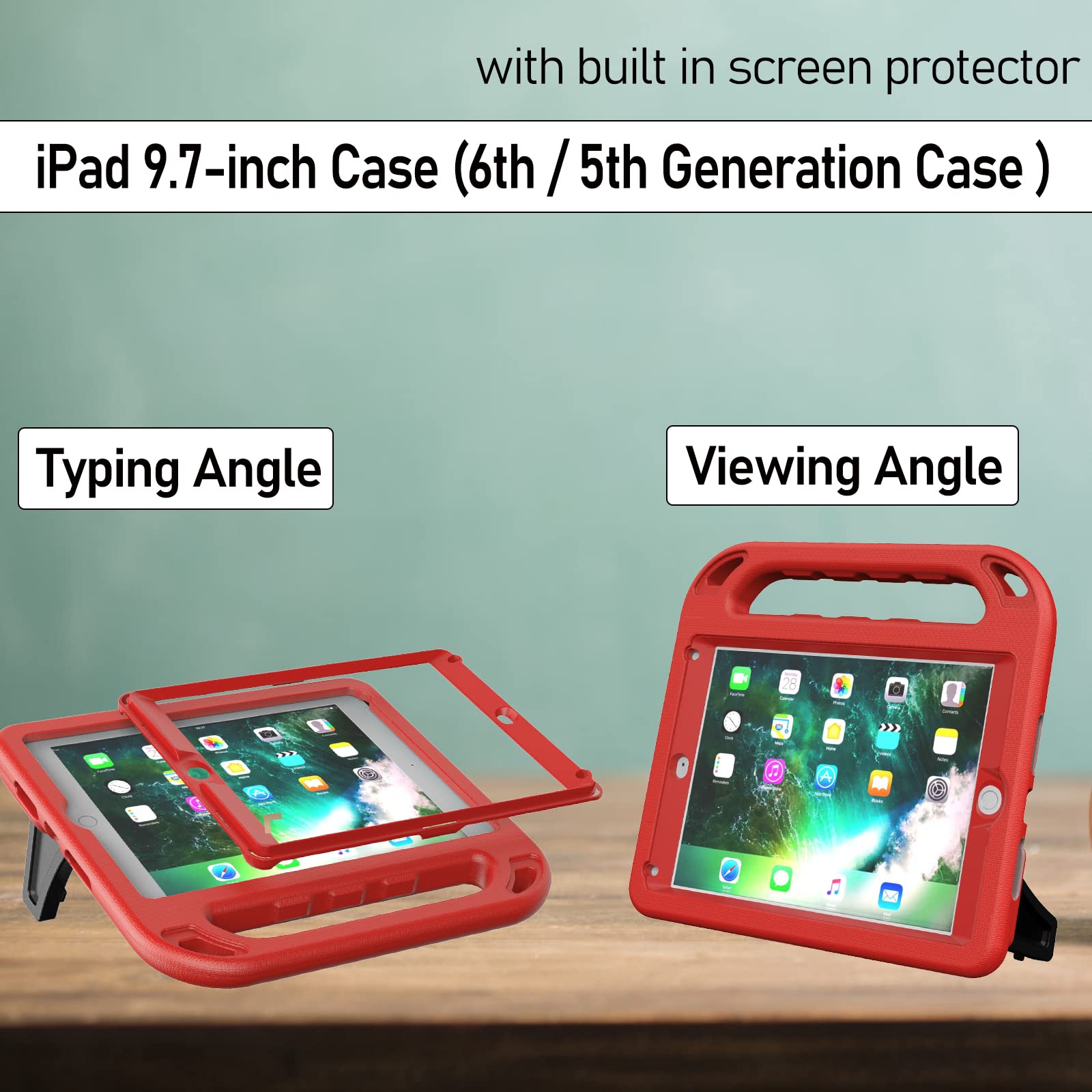 LTROP Shockproof Kids iPad Case for iPad 6th/5th Generation & iPad Air 2 (9.7 Inch 2018/2017) - Built-in Screen Protector with Handle Stand | Durable Protective Cover for Children's iPad 6/5/Air 2 | Perfect for School, Travel & Home Use (Red)