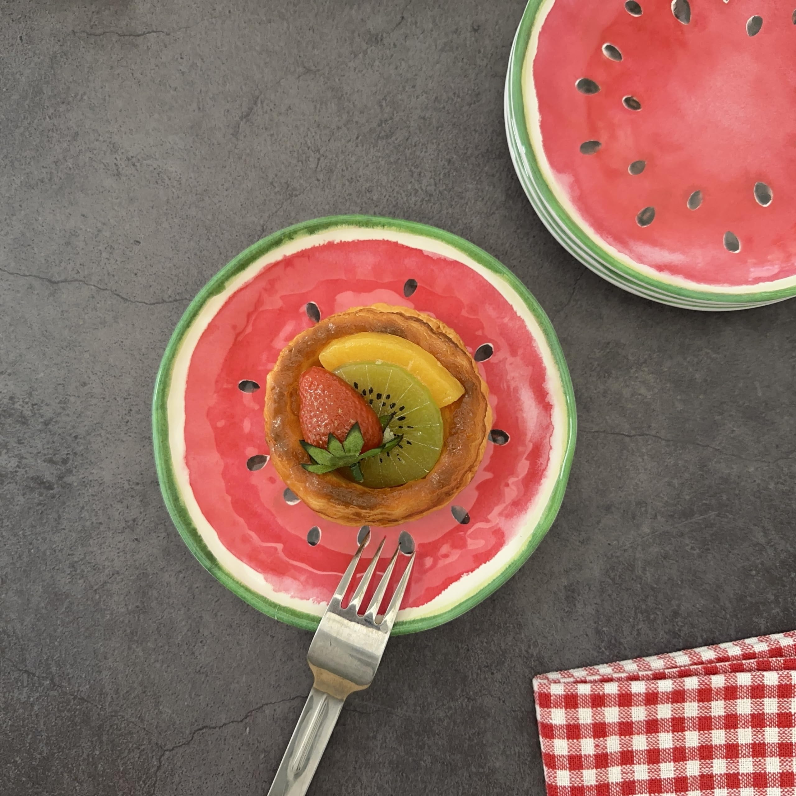 UPware Watermelon Melamine Round Dessert Plates 6 Inch - Set of 4 Small Serving Plates for Appetizers, Snacks & Side Dishes - Durable & Lightweight Red Melamine Plates Perfect for Picnics, BBQs, Parties & Outdoor Dining