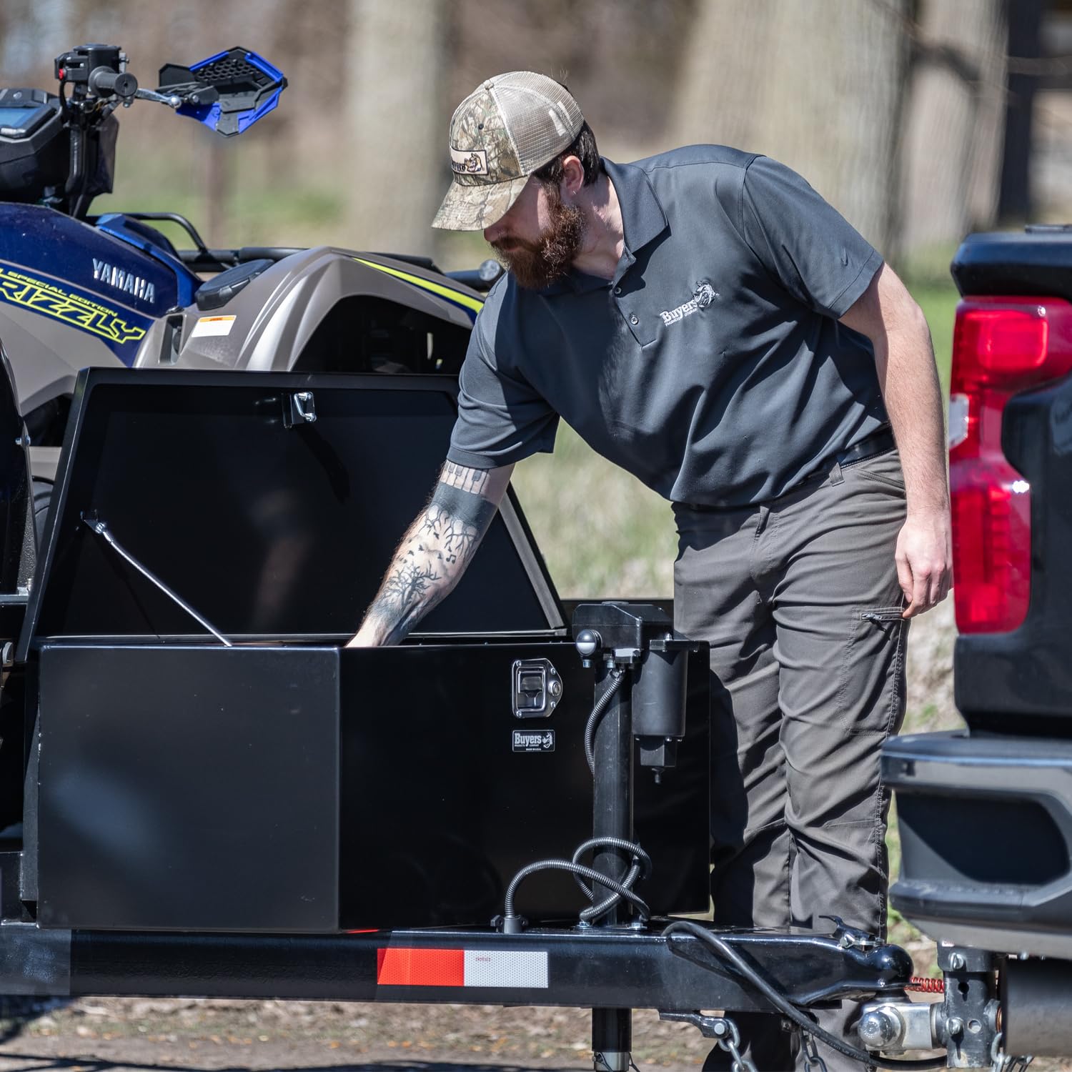 Buyers Products 1701281 Steel Trailer Tongue Box - 12.3 x 12.6 x 27.1 Inch Gloss Black Tool Storage Box | Made in USA | Heavy-Duty Organizer for Camping Gear, Tools & Trailer Accessories | Weatherproof Truck Bed & RV Storage Solution