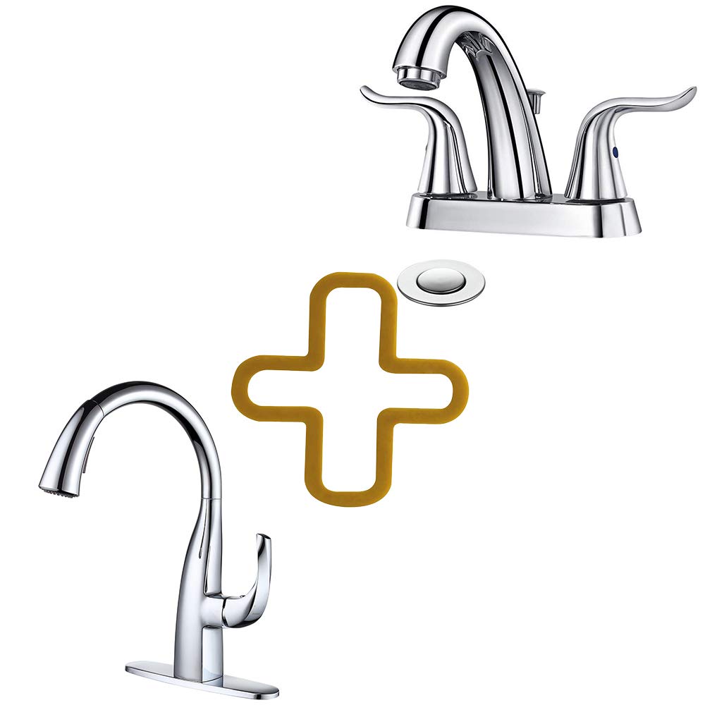 WOWOW Pull Down Kitchen Faucet with Dual Function Sprayer & 4