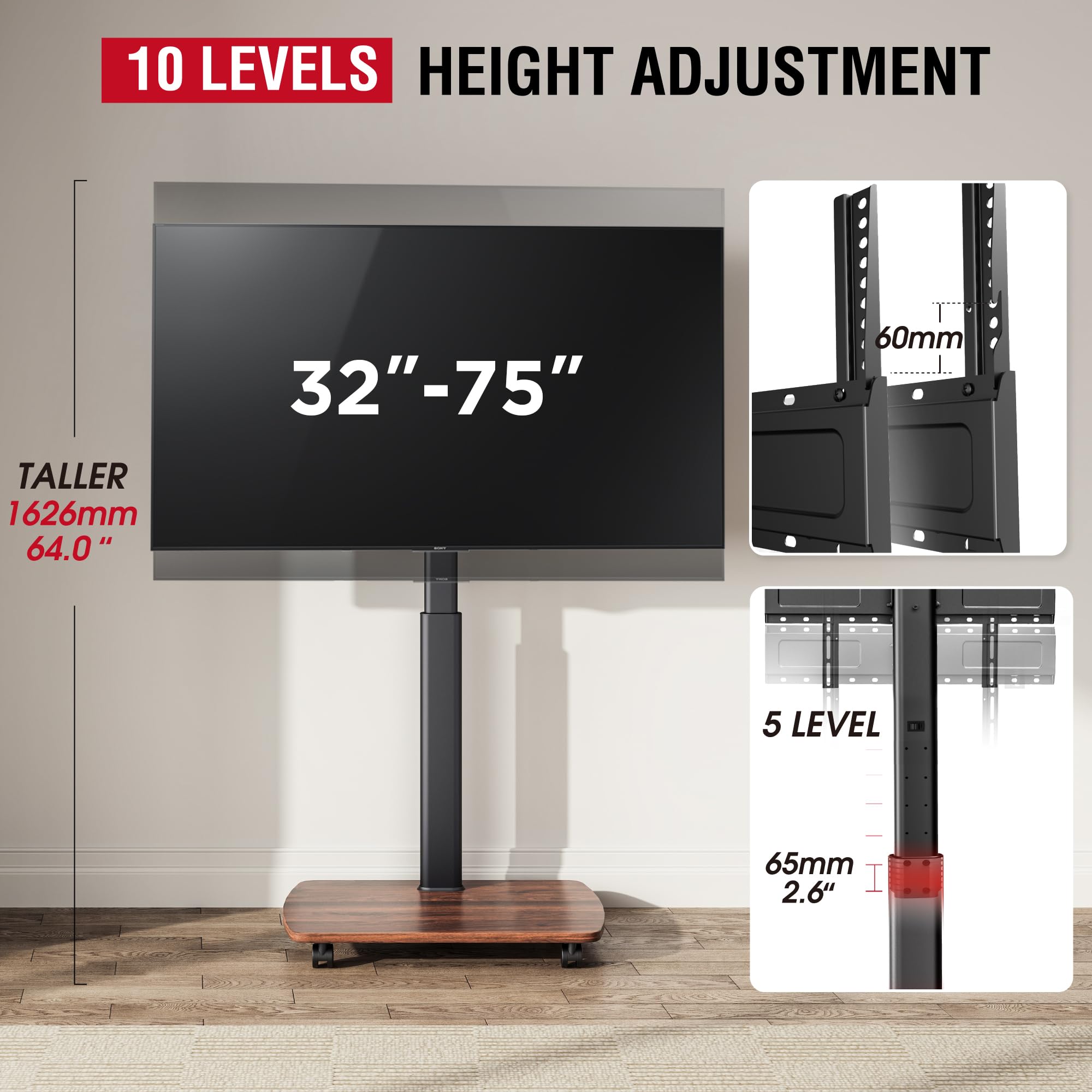 Portable Rolling TV Stand with Wheels for 43-75 Inch TVs - 10-Level Height Adjustable, 12° Tilt & 50° Swivel - Heavy Duty Mobile TV Floor Stand with Casters (Holds 110 lbs) - Walnut Finish - Perfect for Living Rooms, Bedrooms, and Outdoor Entertainment Spaces