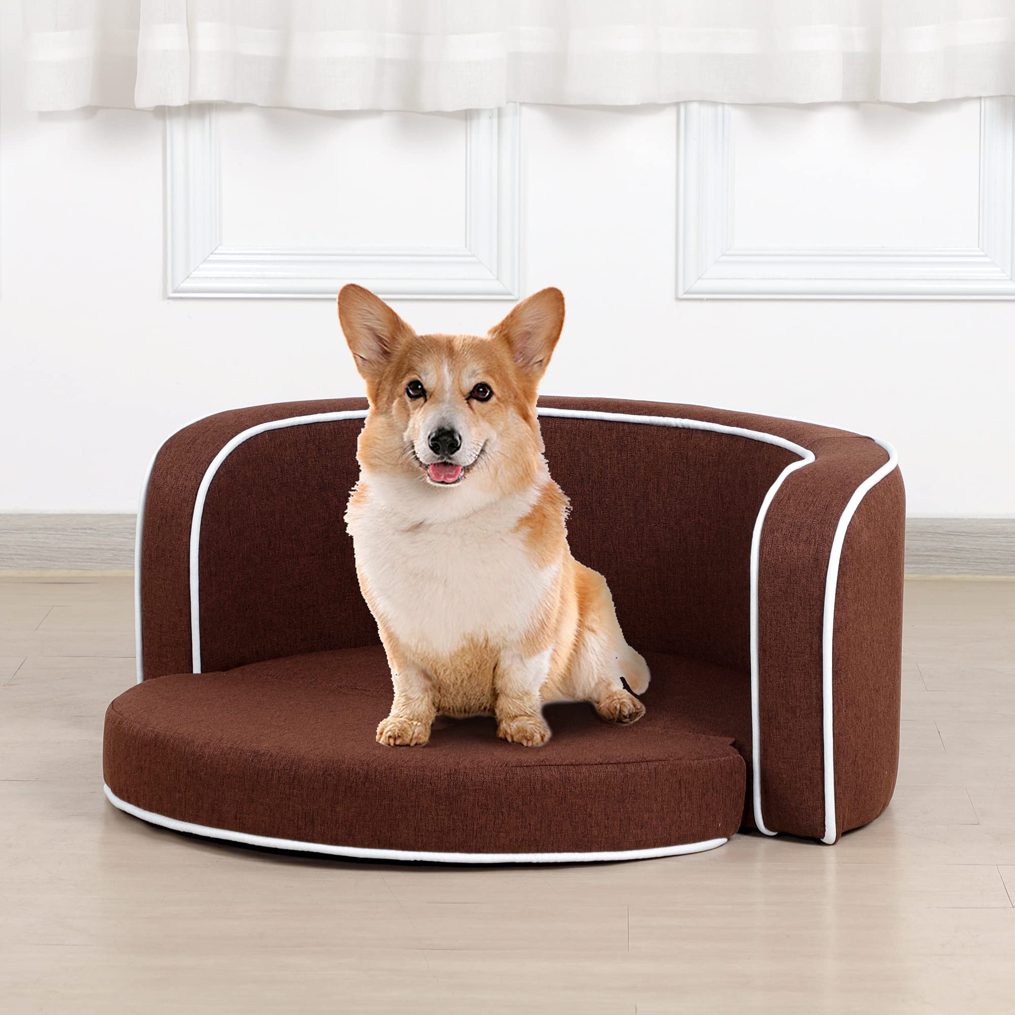 Cozy Round Pet Bed for Small Dogs & Cats - Wooden Frame Curved Sofa with Soft Cushion, Linen Fabric with White Roller Edge Trim (Brown, Small) - Perfect for Living Room, Bedroom & Pet Napping Spaces