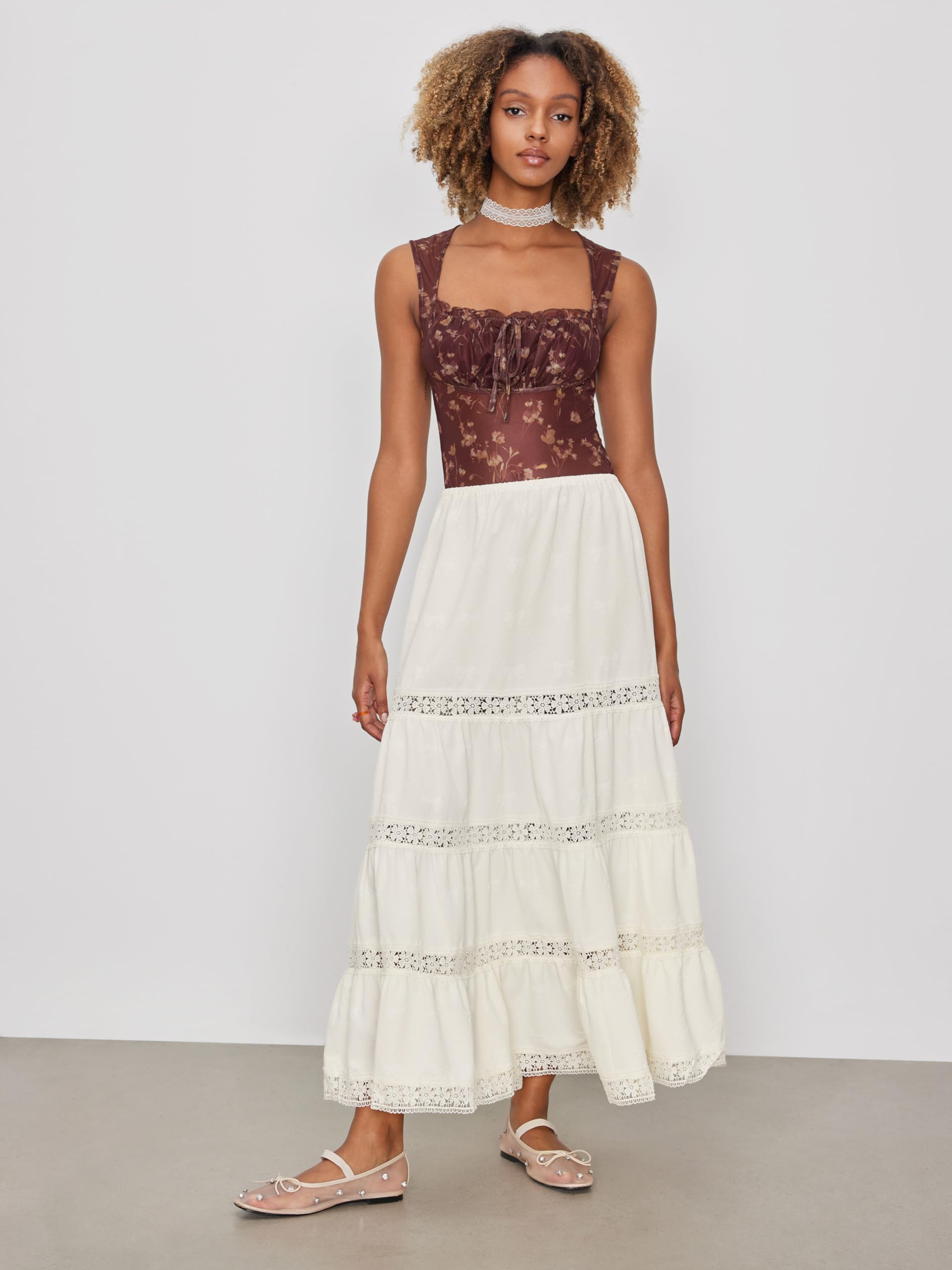 Santorini Beach Vacation Floral Ruffle Hem Tiered Maxi Skirt - Boho Woven Midi Skirt for Women | Perfect for Summer Vacations, Beach Getaways & Date Nights